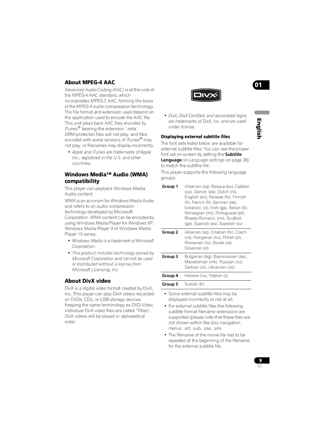 Pioneer DV-410V-K operating instructions About MPEG-4 AAC, Windows Media Audio WMA compatibility, About DivX video 