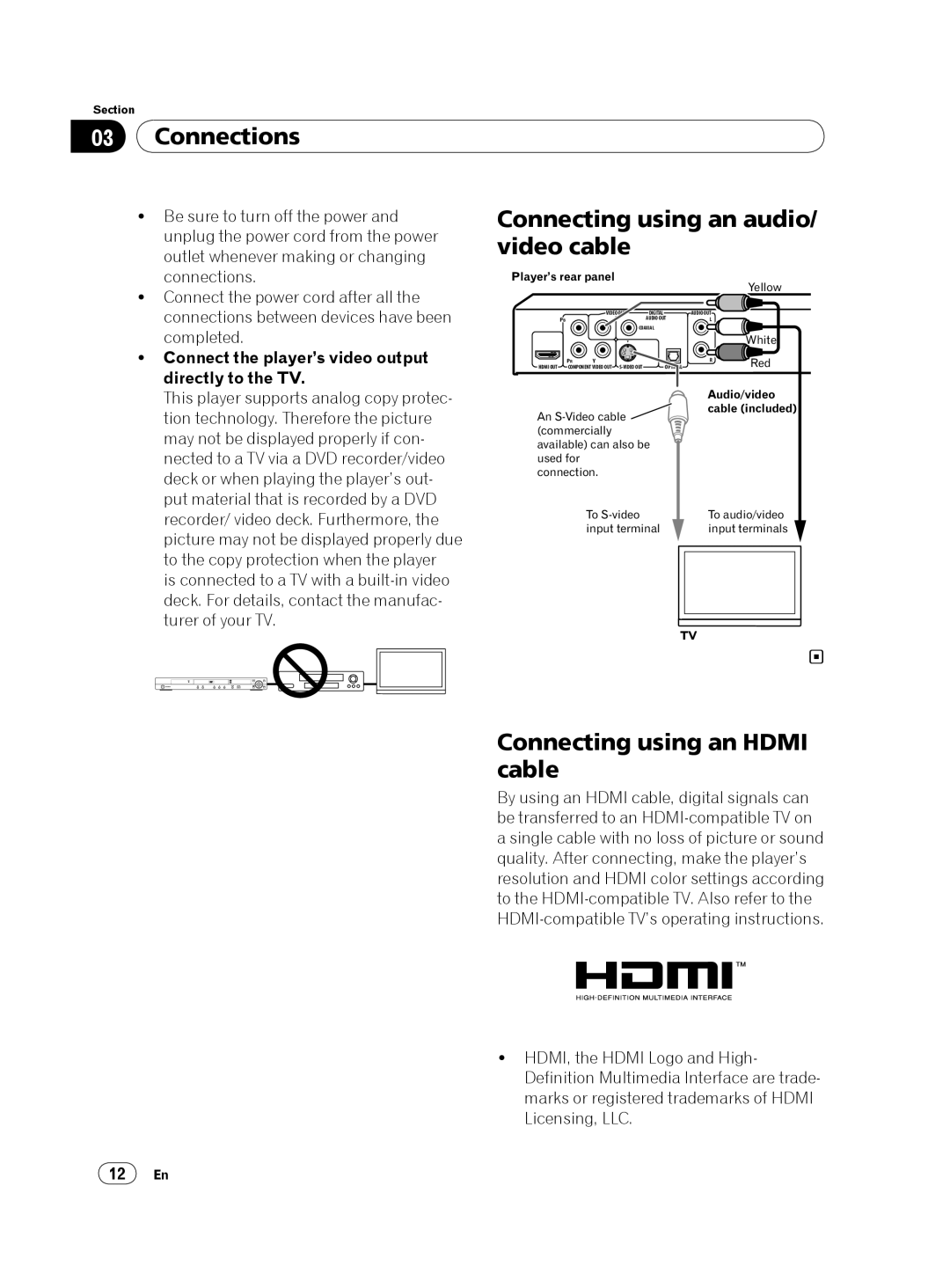 Pioneer DV-420V-S Connections, Connecting using an audio/ video cable, Connecting using an Hdmi cable, Directly to the TV 