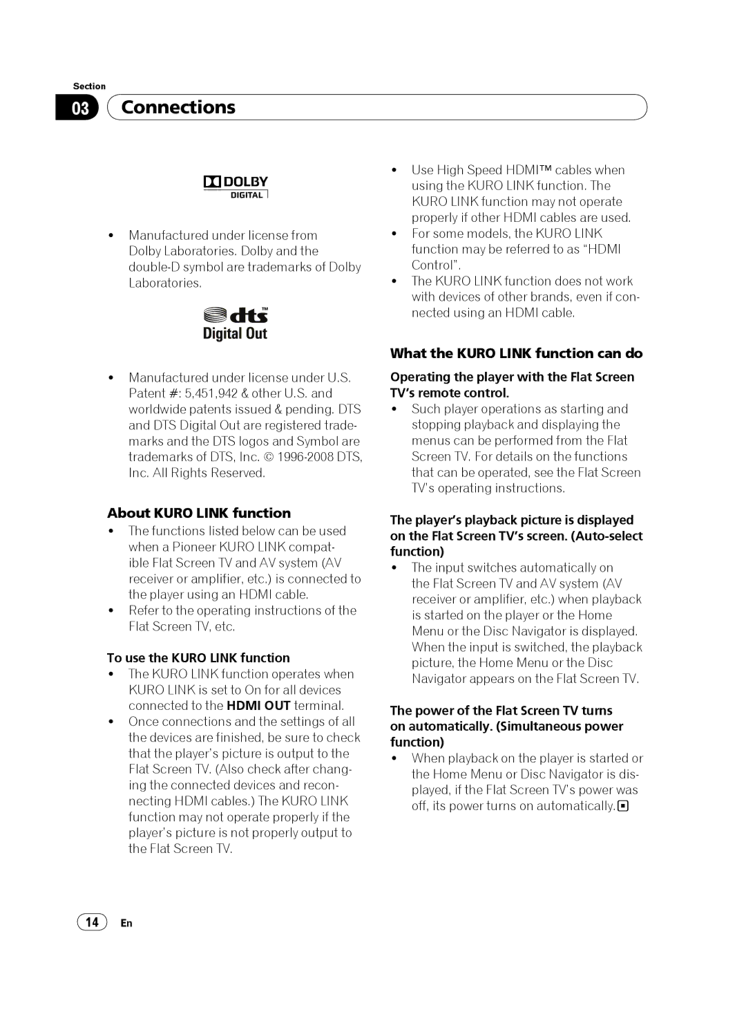 Pioneer DV-420V-S operating instructions To use the Kuro Link function, 14 En 