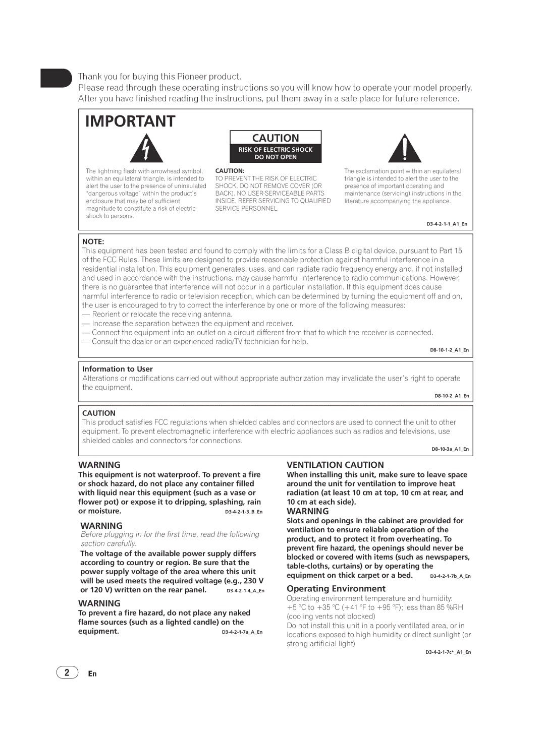 Pioneer DV-420V-S operating instructions Ventilation Caution, Operating Environment, Information to User 