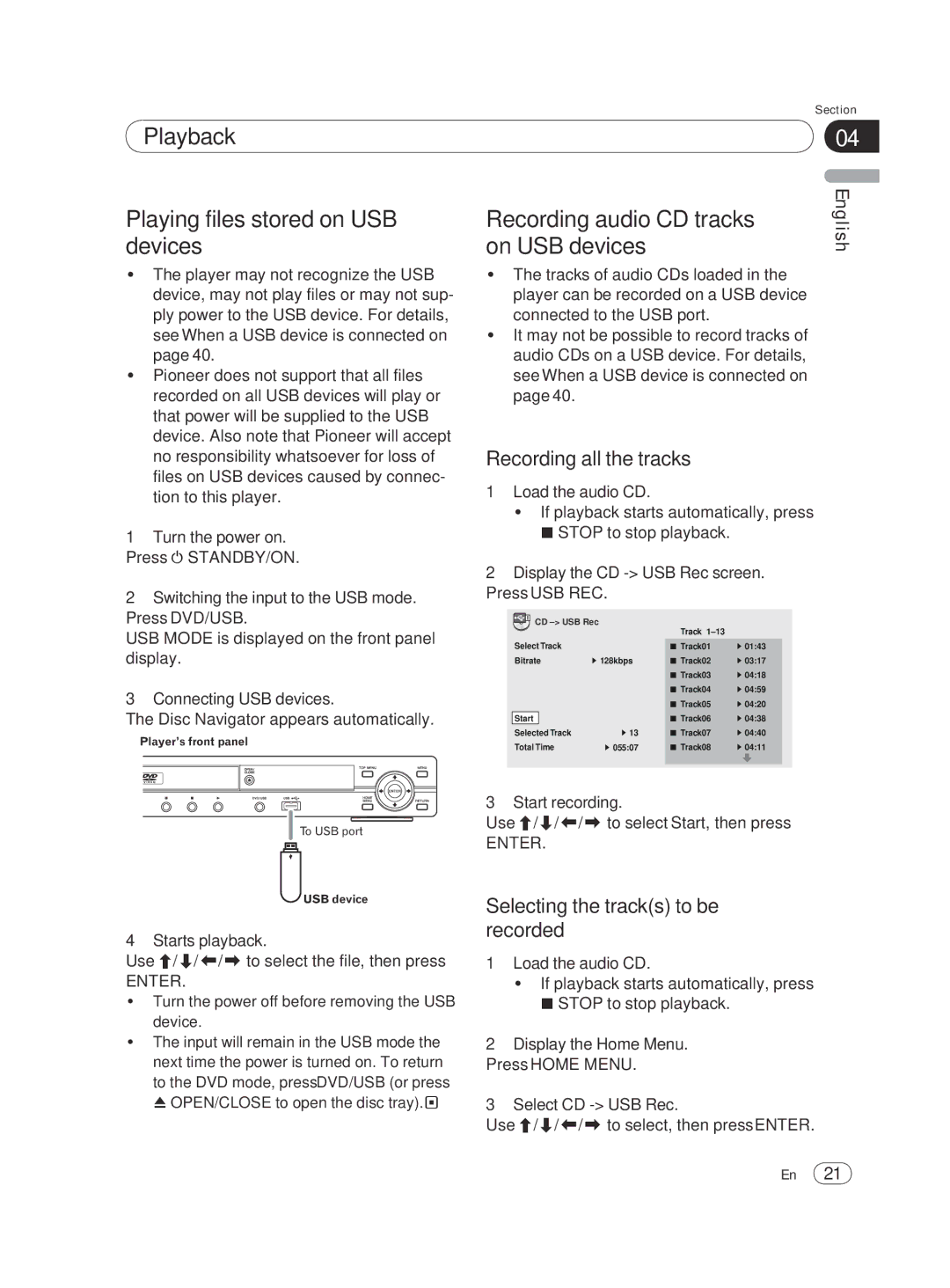 Pioneer DV-420V-S Playback Playing files stored on USB devices, Recording audio CD tracks, On USB devices 