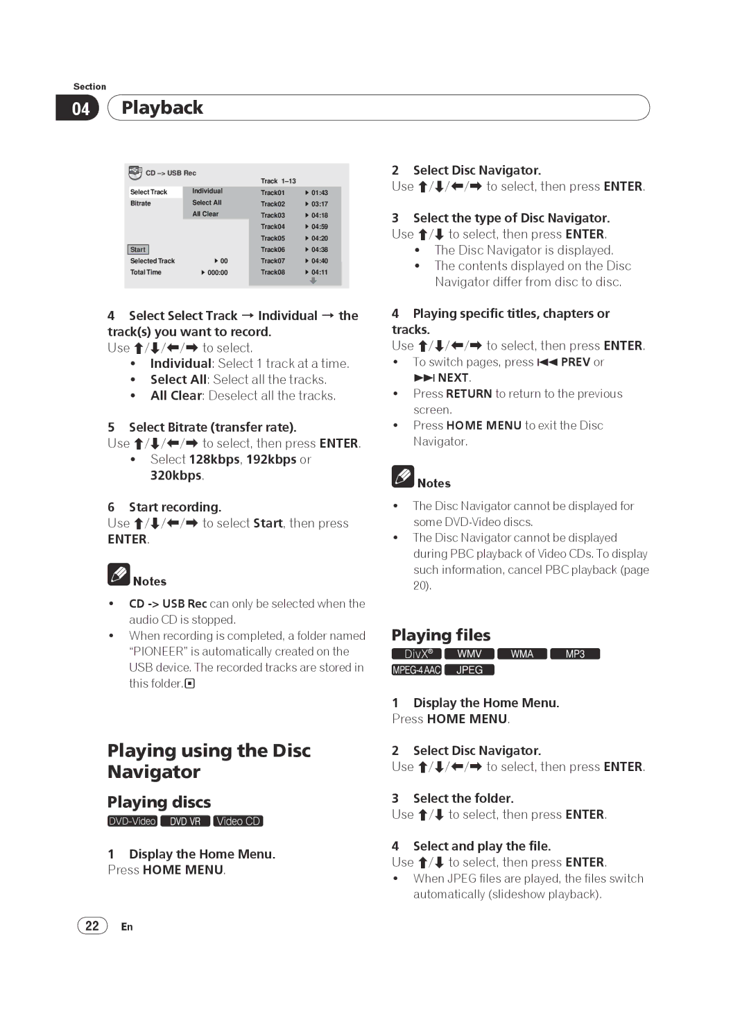 Pioneer DV-420V-S operating instructions Playing using the Disc Navigator, Playing discs, Playing files, Next 