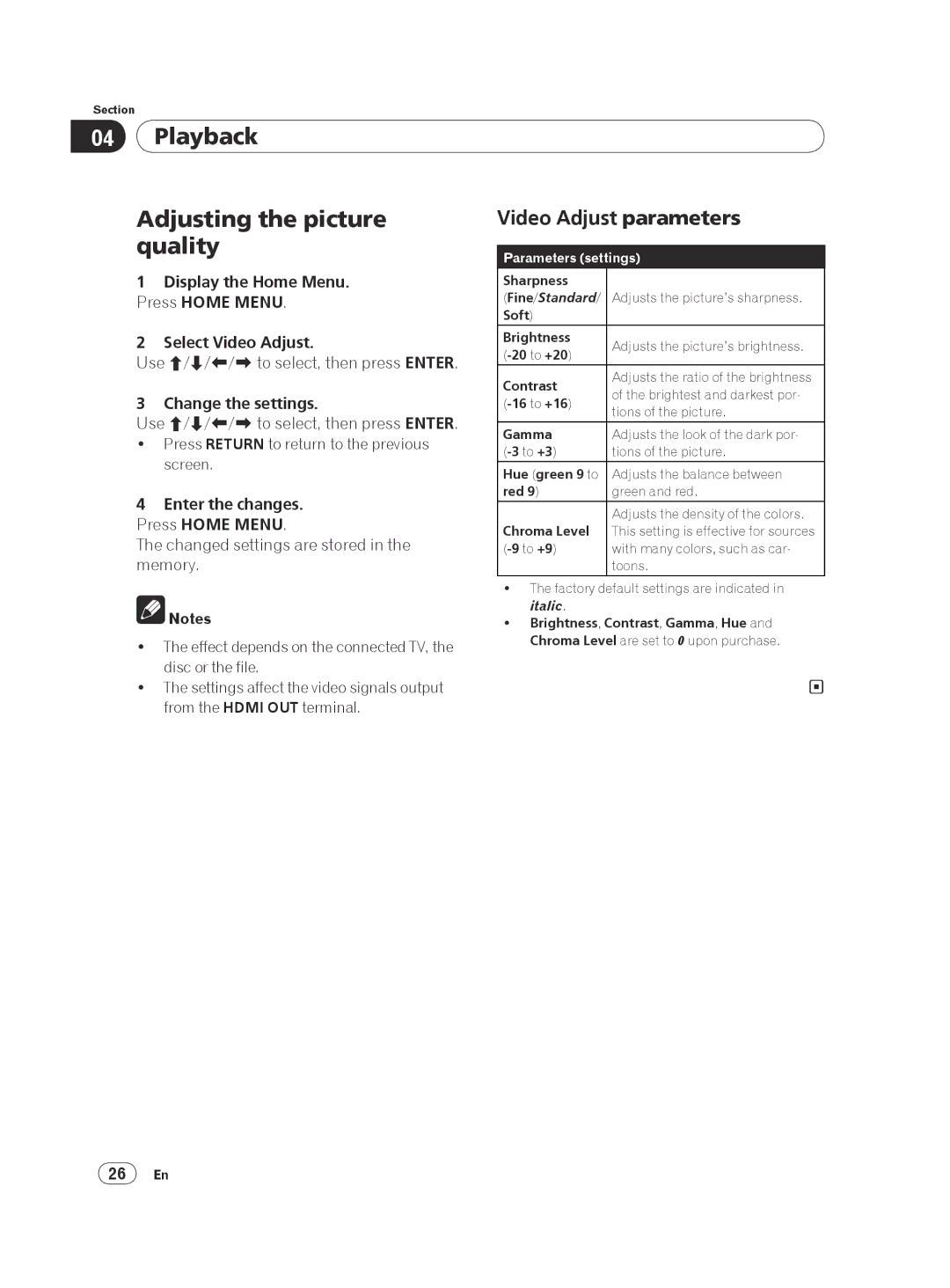 Pioneer DV-420V-S operating instructions Playback Adjusting the picture quality, Video Adjust parameters 