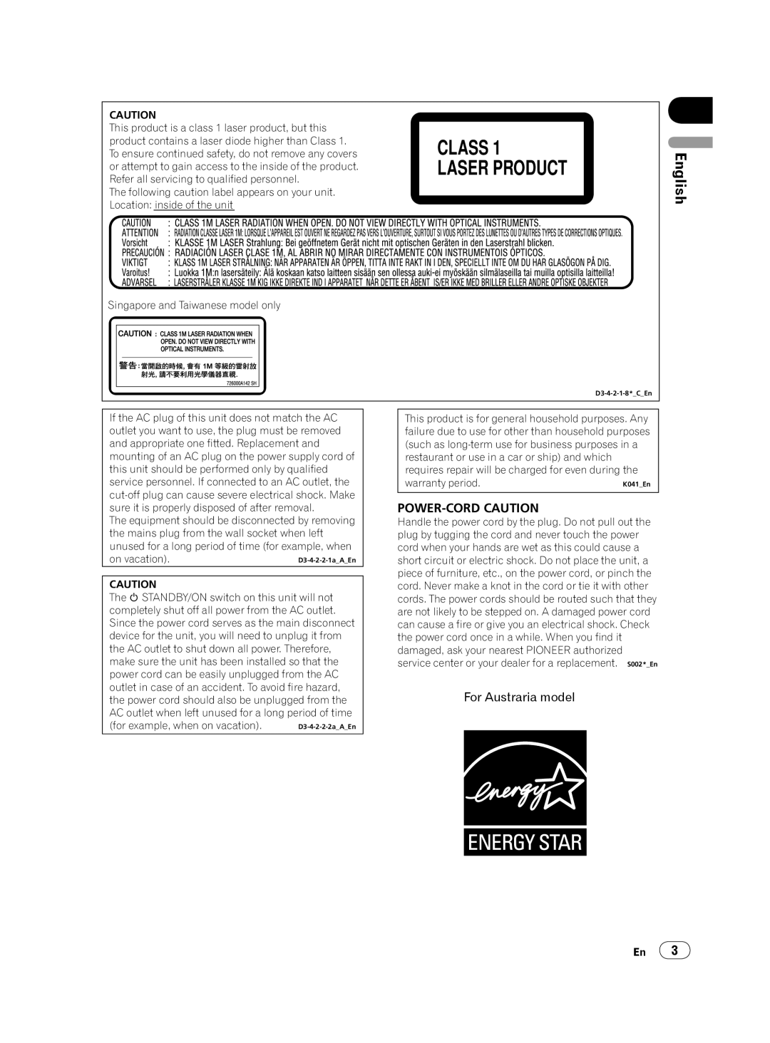 Pioneer DV-420V-S operating instructions Class Laser Product, POWER-CORD Caution 