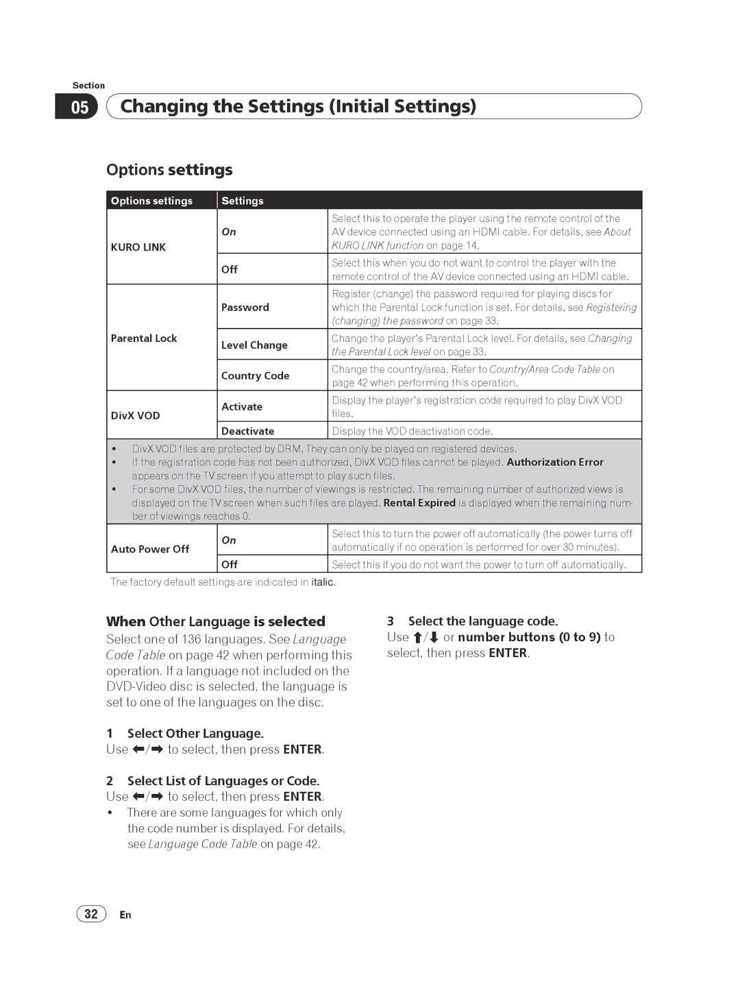 Pioneer DV-420V-S operating instructions Options settings, Select Other Language 