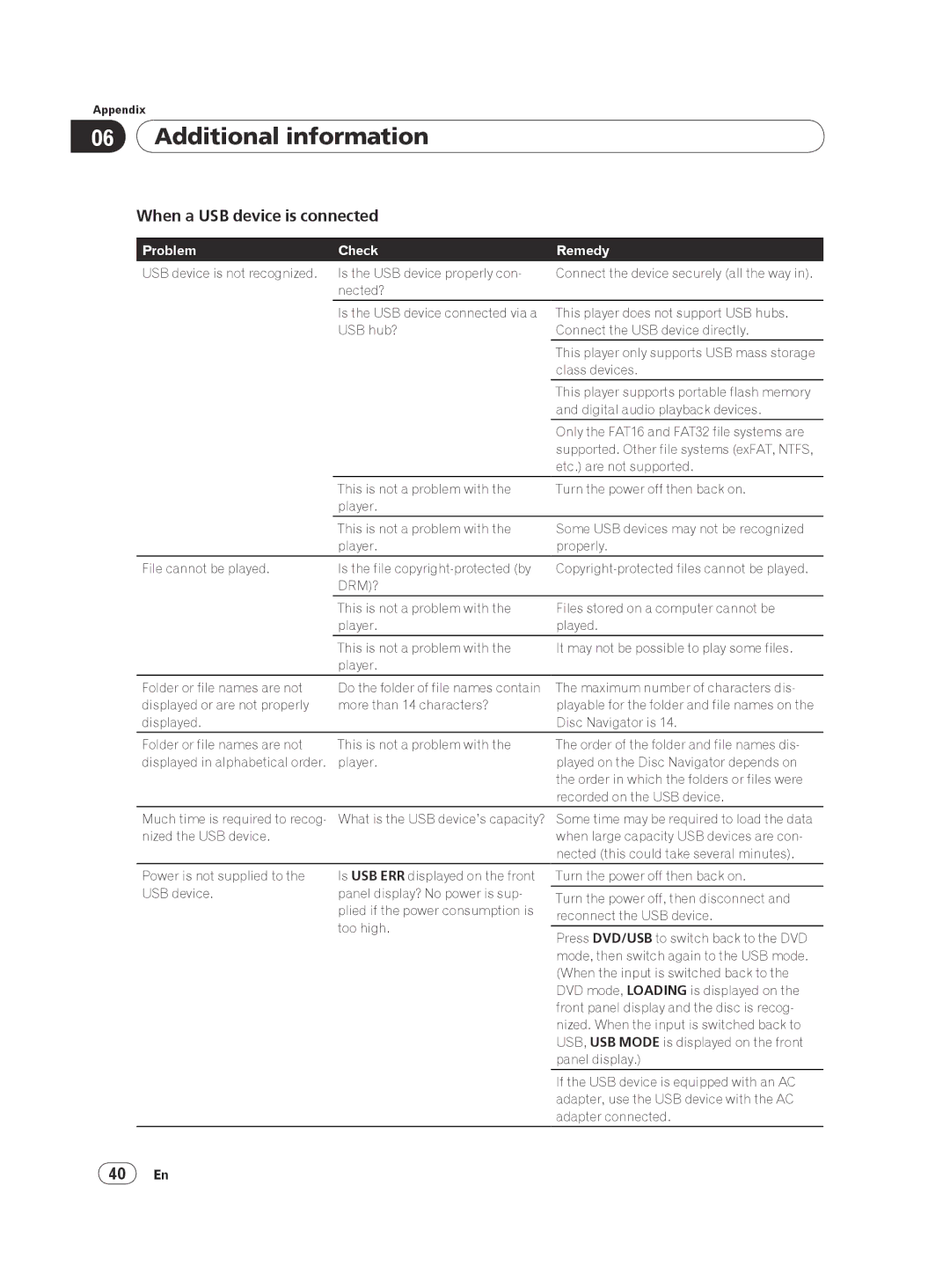 Pioneer DV-420V-S operating instructions When a USB device is connected, 40 En 