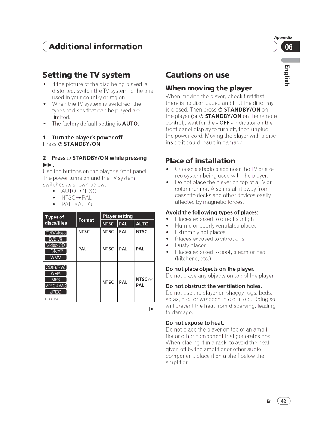 Pioneer DV-420V-S Additional information Setting the TV system, When moving the player, Place of installation 