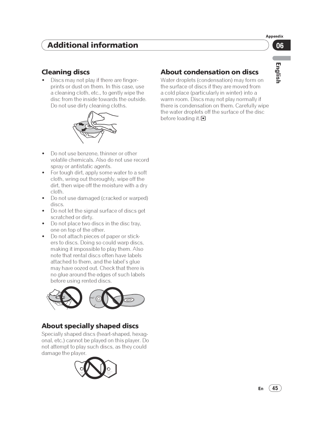 Pioneer DV-420V-S operating instructions Cleaning discs, About condensation on discs, About specially shaped discs 