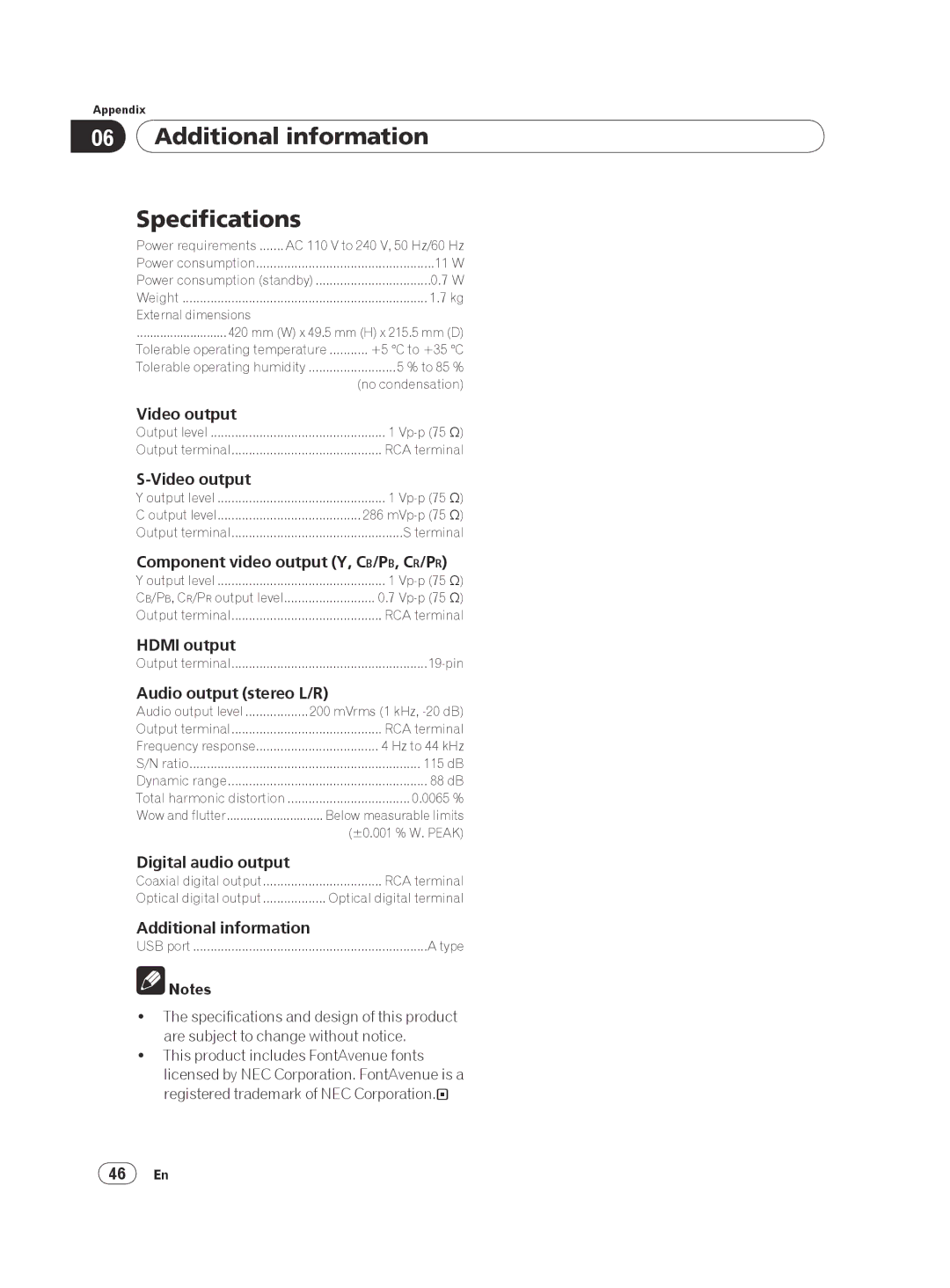 Pioneer DV-420V-S operating instructions Additional information Specifications 