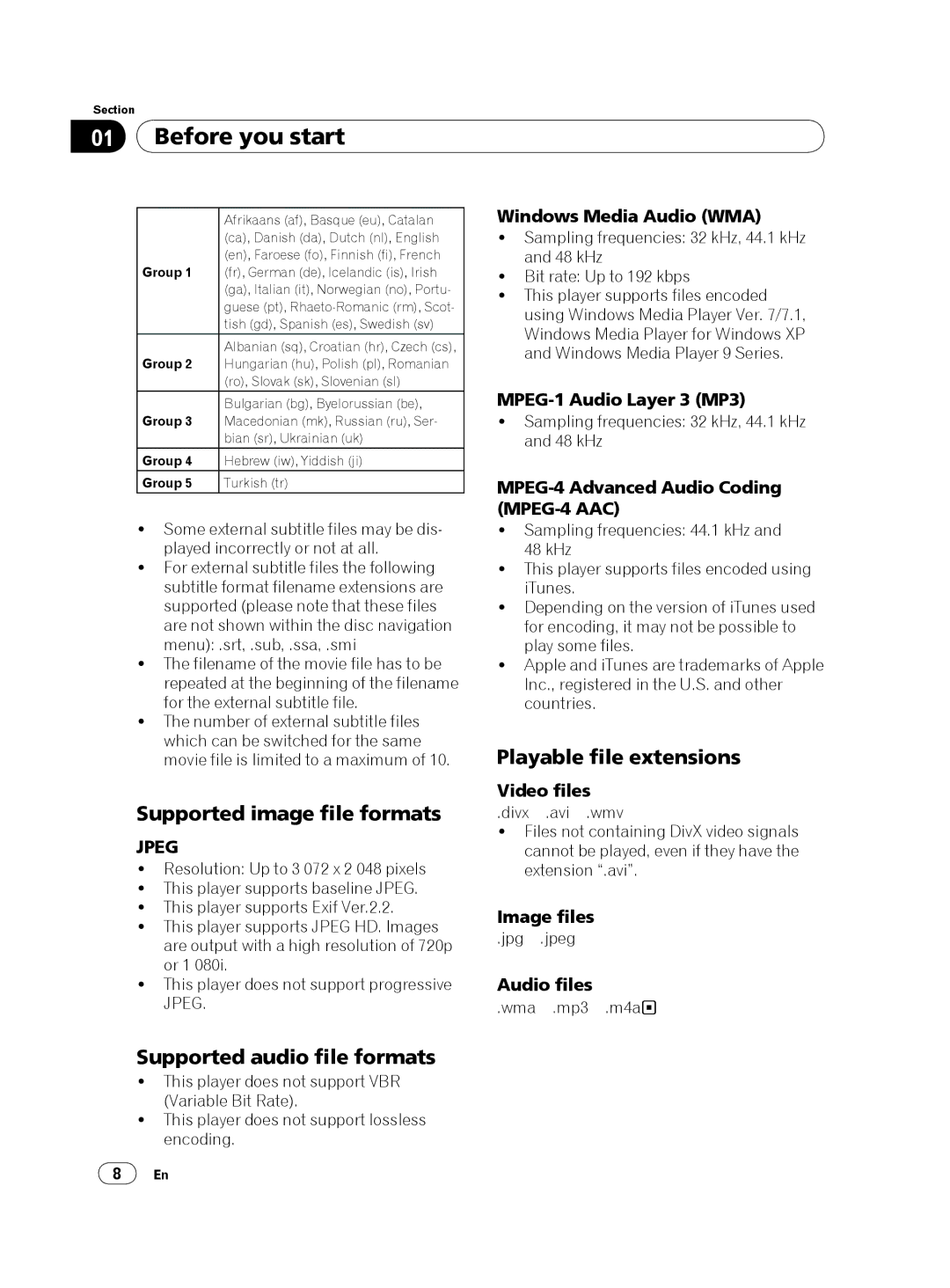 Pioneer DV-420V-S Supported image file formats, Supported audio file formats, Playable file extensions, Group 