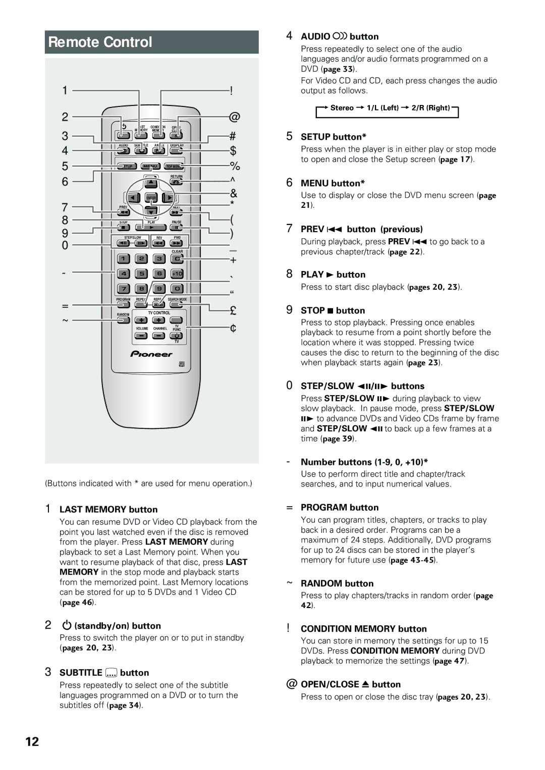 Pioneer DV-434 Last Memory button, Standby/on button, Subtitle button, Audio button, Setup button, Menu button 