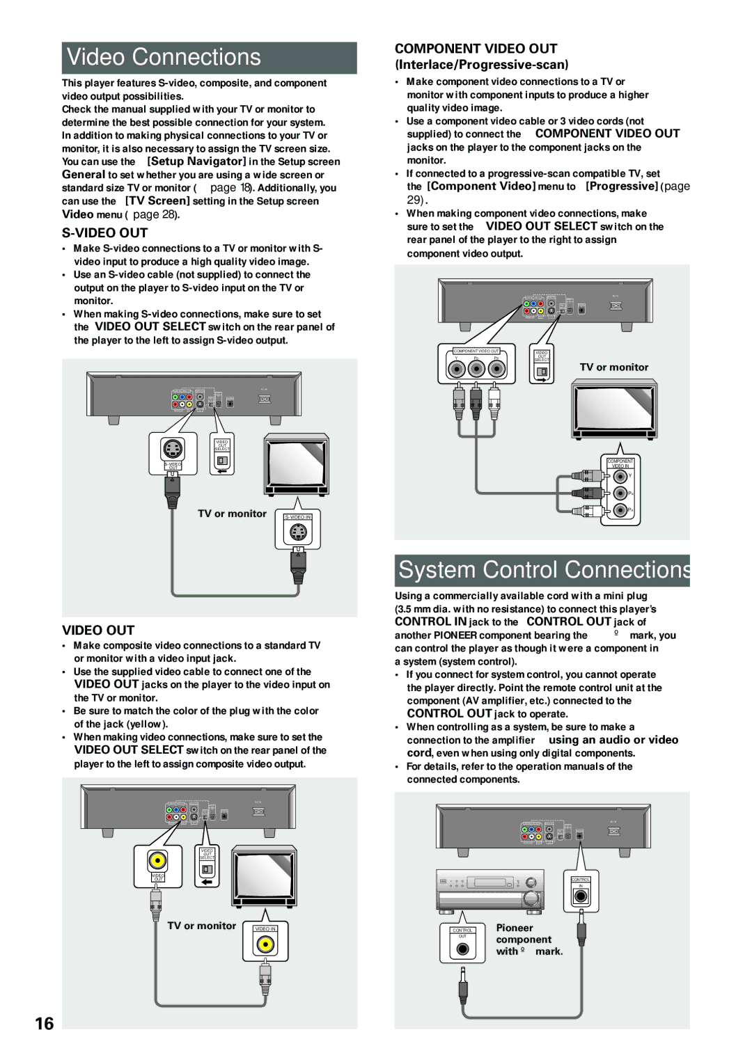 Pioneer DV-434 Video Connections, System Control Connections, Component Video OUT Interlace/Progressive-scan 