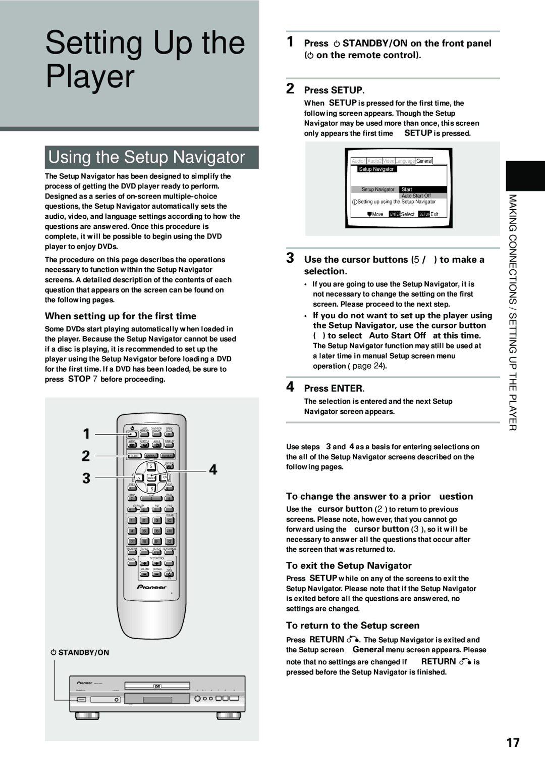 Pioneer DV-434 operating instructions Setting Up the Player, Using the Setup Navigator 