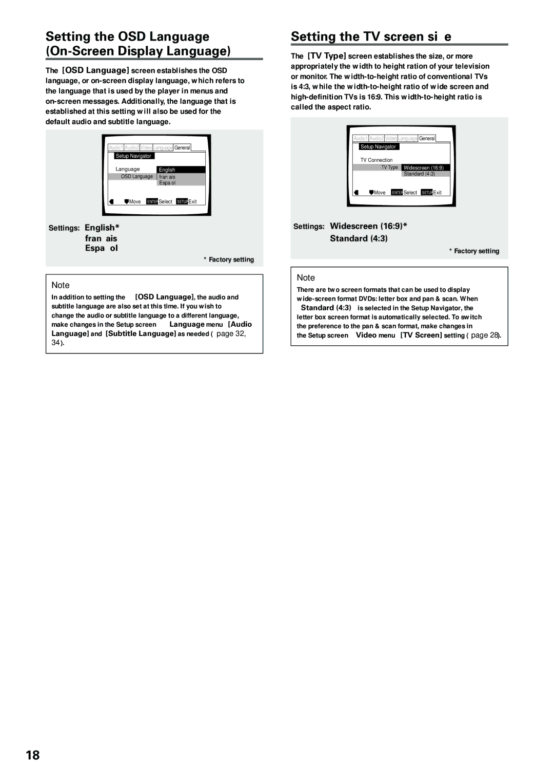 Pioneer DV-434 Setting the OSD Language On-Screen Display Language, Setting the TV screen size, Settings English 