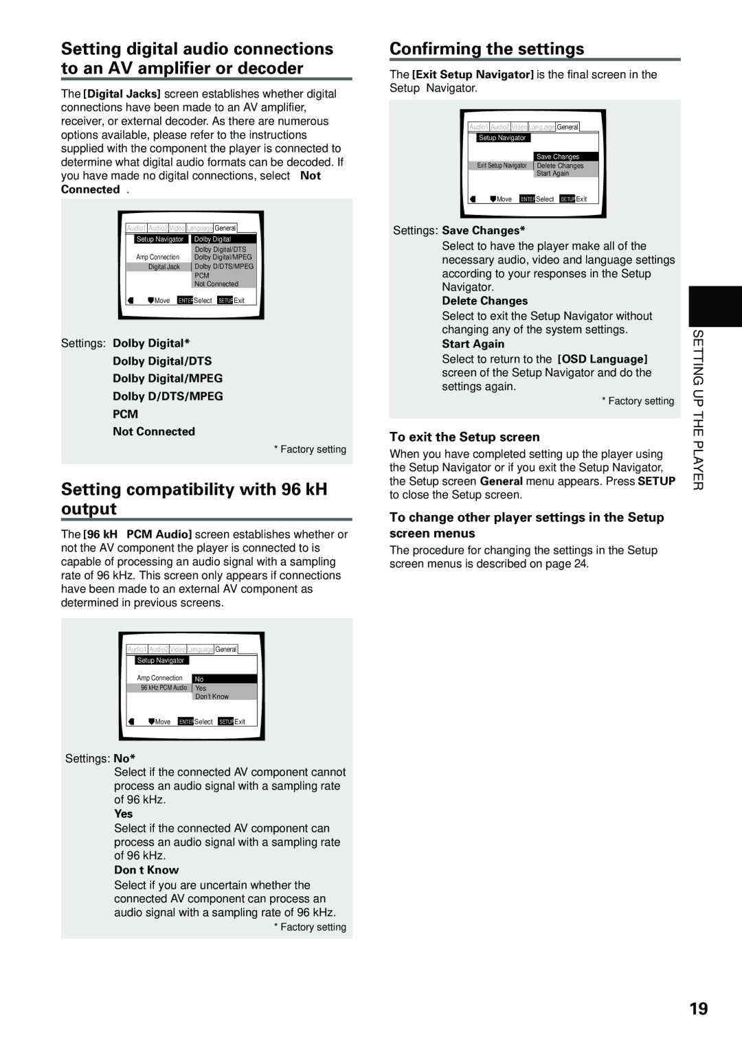 Pioneer DV-434 Setting compatibility with 96 kHz output, Confirming the settings, To exit the Setup screen 