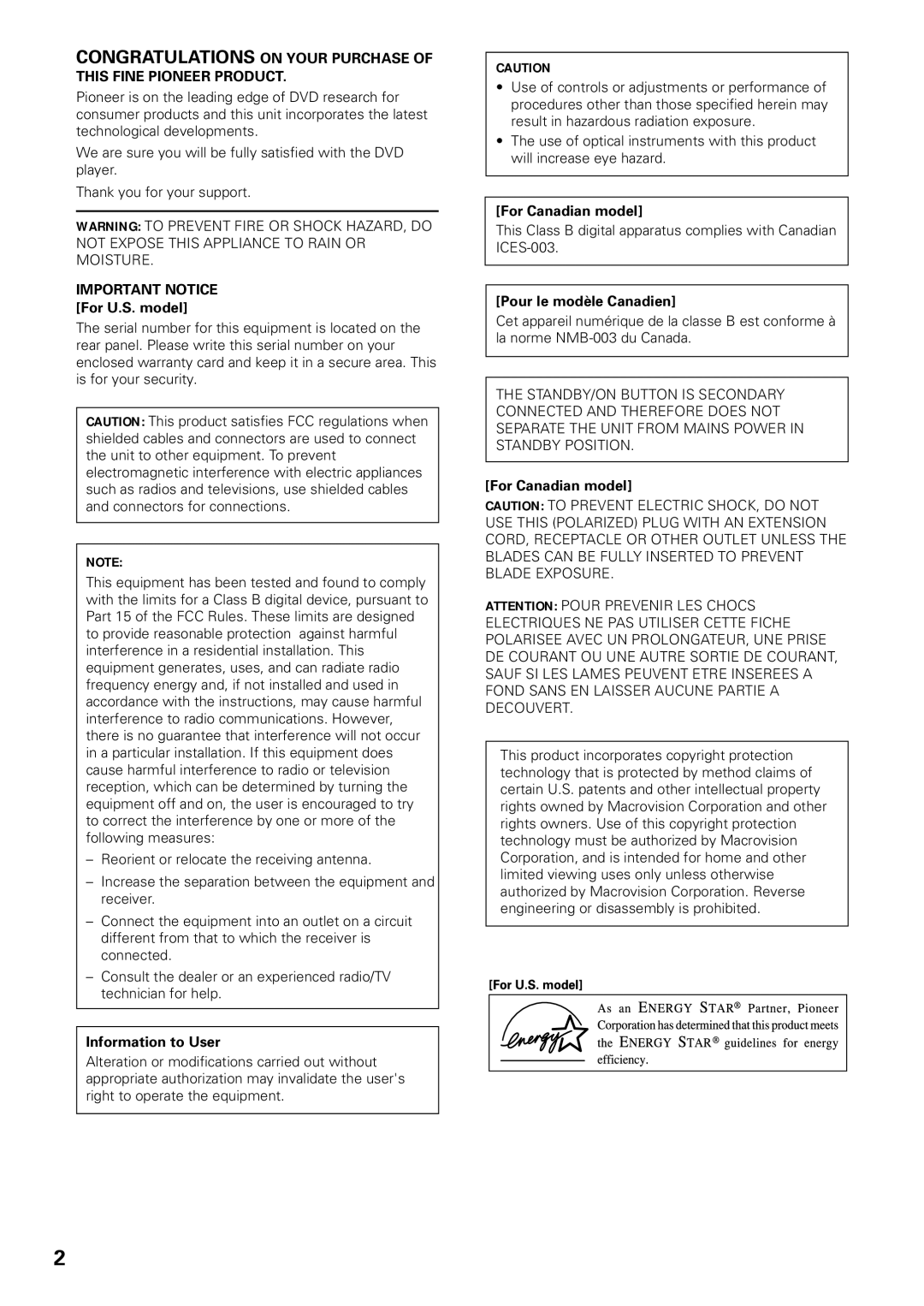 Pioneer DV-434 Important Notice For U.S. model, Information to User, For Canadian model, Pour le modèle Canadien 