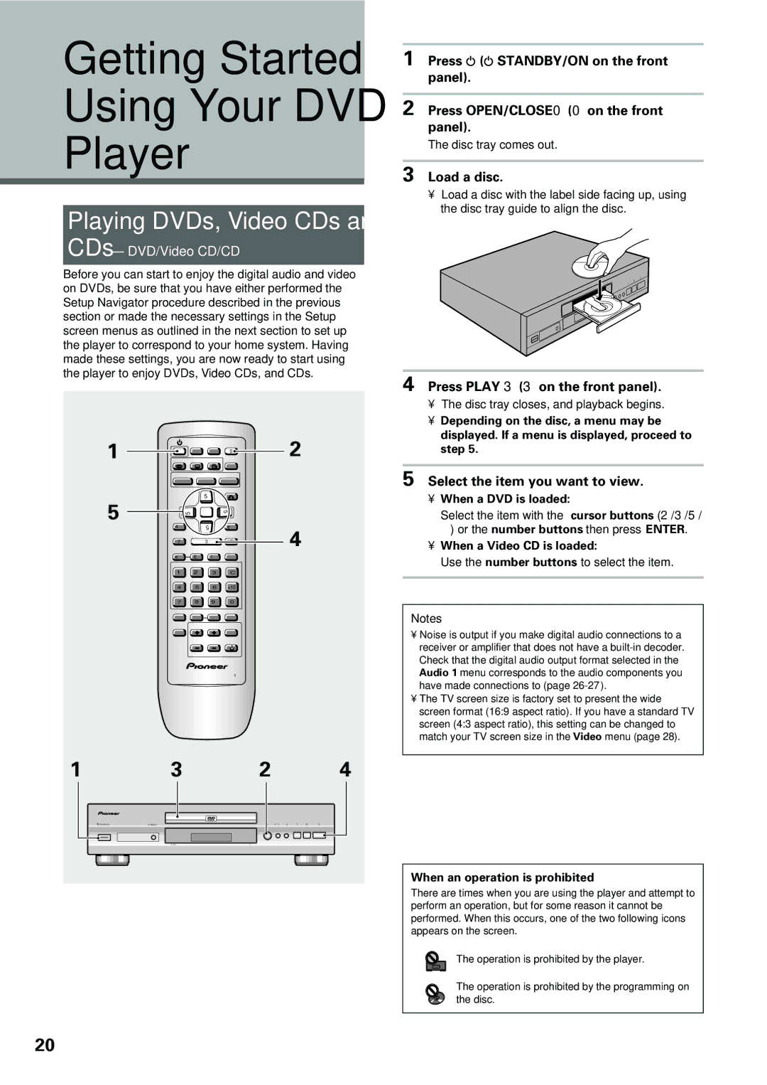 Pioneer DV-434 operating instructions Getting Started, Player, Playing DVDs, Video CDs, CDs DVD/Video CD/CD 