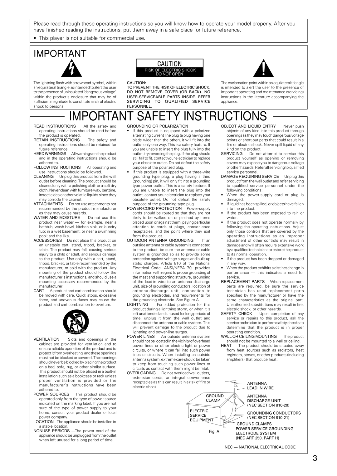 Pioneer DV-434 operating instructions Important Safety Instructions 