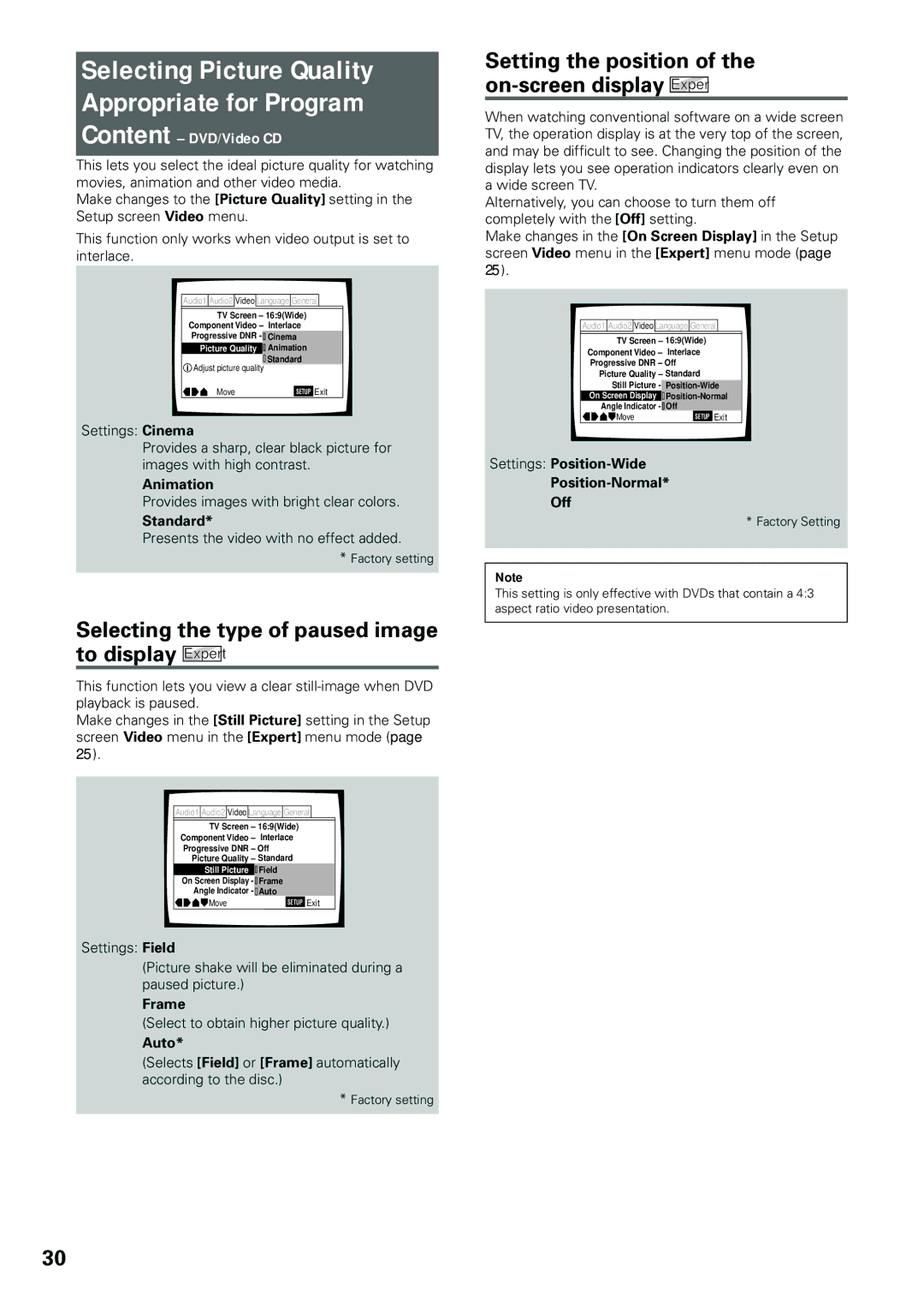 Pioneer DV-434 Selecting the type of paused image to display Expert, Setting the position of the on-screen display Expert 