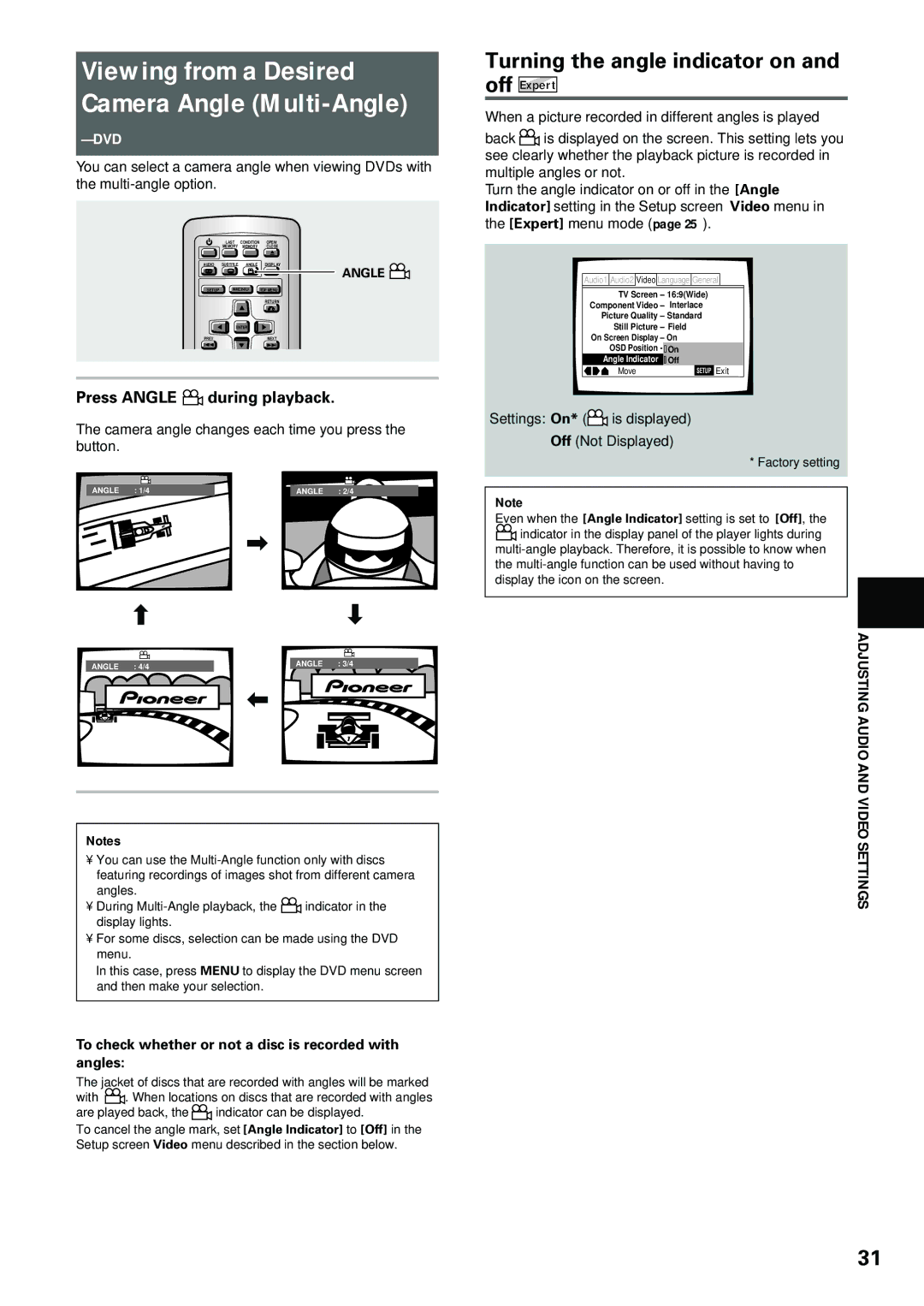 Pioneer DV-434 Turning the angle indicator on, Press Angle during playback, Adjusting Audio and Video Settings, Off Expert 