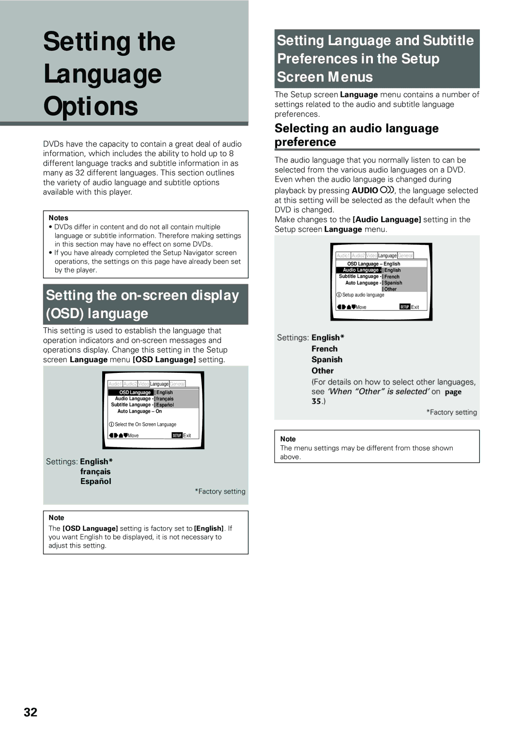 Pioneer DV-434 Setting Language Options, Setting the on-screen display OSD language, French Spanish Other 