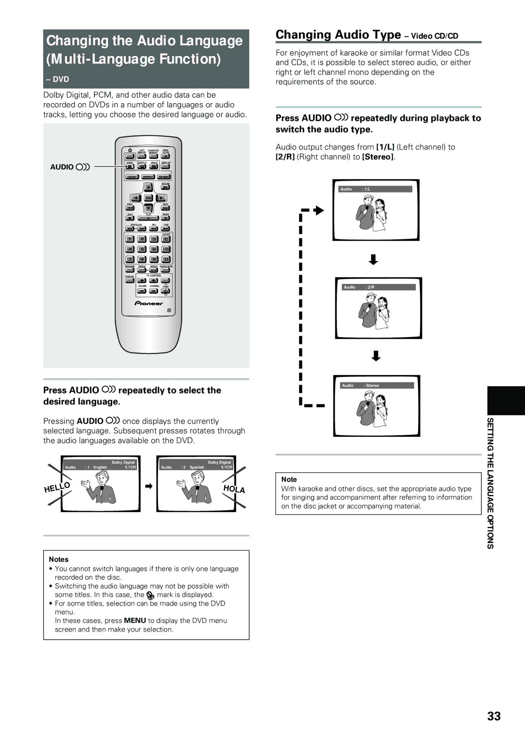 Pioneer DV-434 Changing Audio Type Video CD/CD, Press Audio repeatedly to select the desired language, Options 