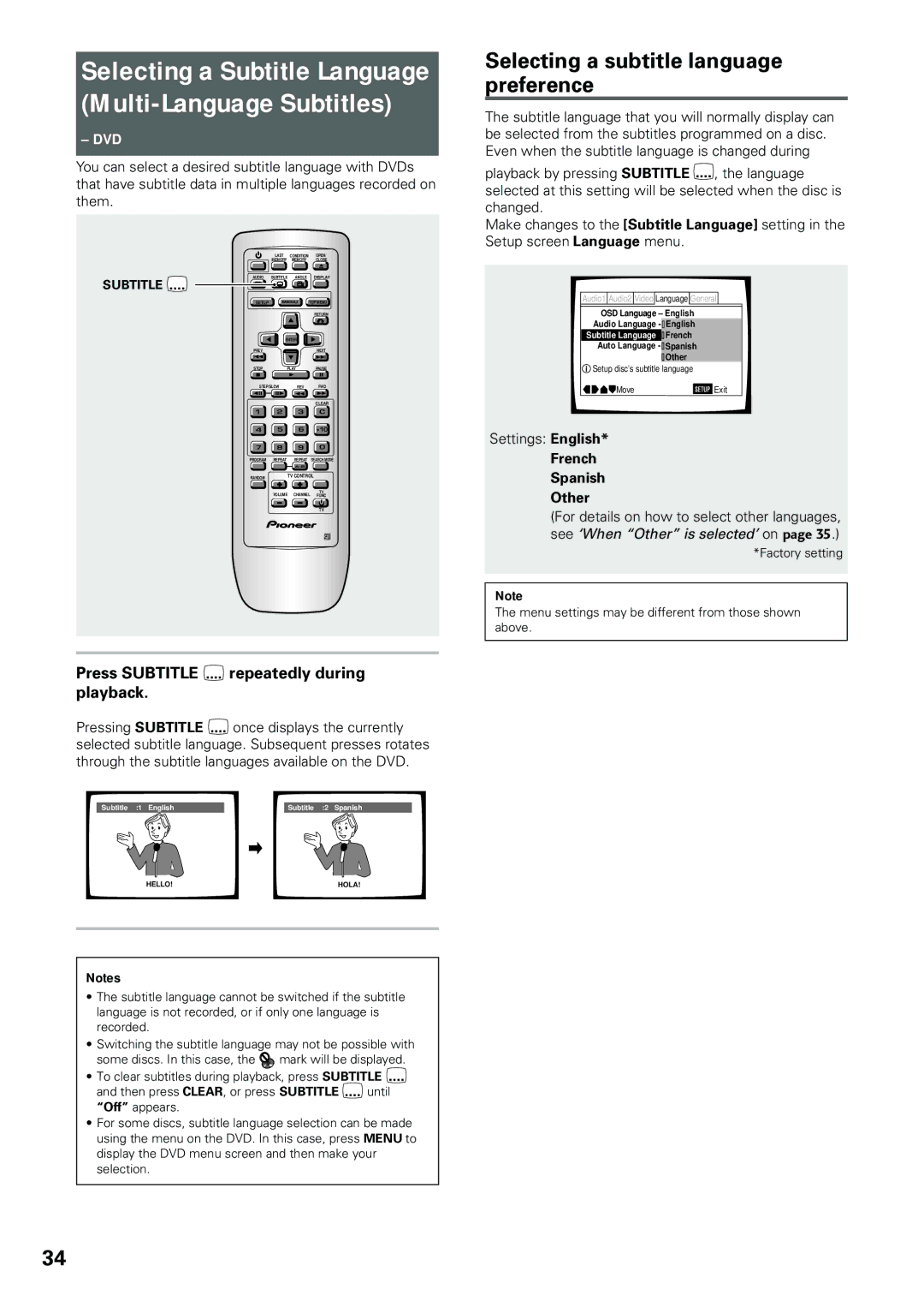 Pioneer DV-434 operating instructions Selecting a subtitle language preference, Press Subtitle repeatedly during playback 