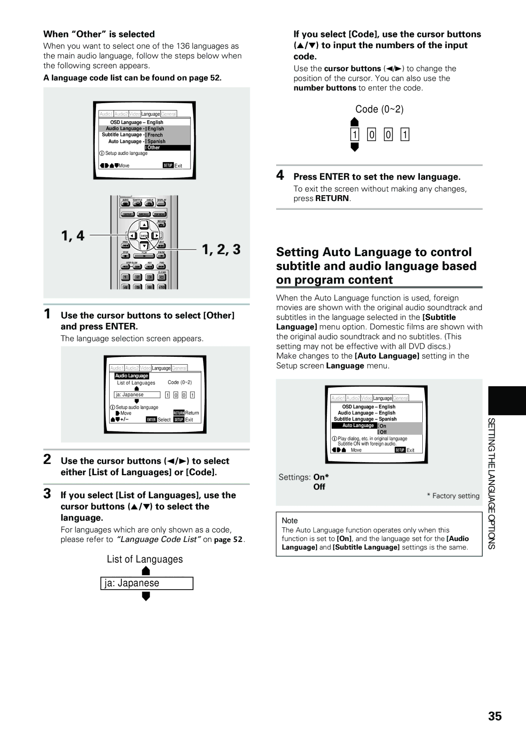 Pioneer DV-434 operating instructions When Other is selected, Use the cursor buttons to select Other and press Enter 