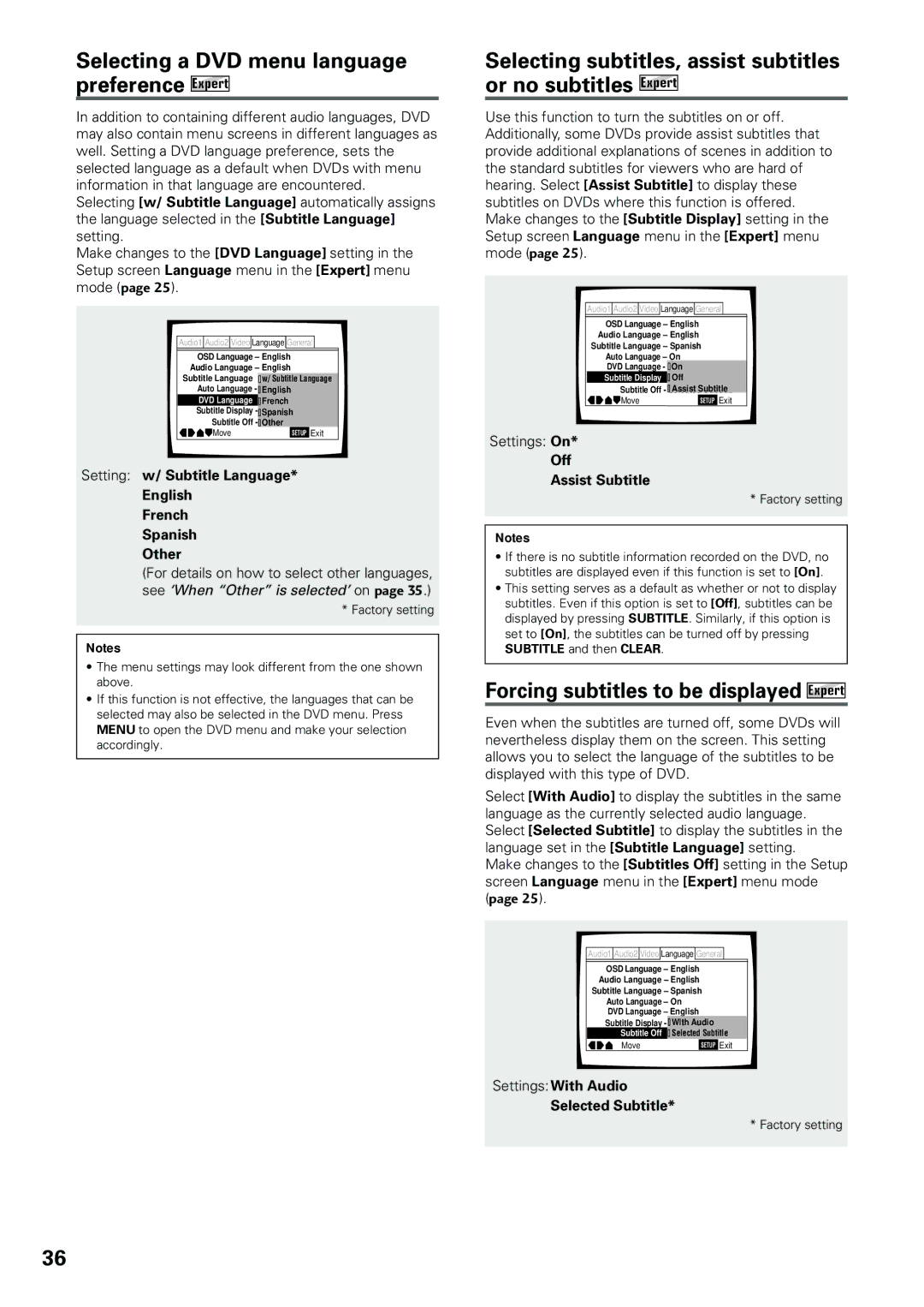 Pioneer DV-434 Selecting a DVD menu language preference Expert, Forcing subtitles to be displayed Expert 