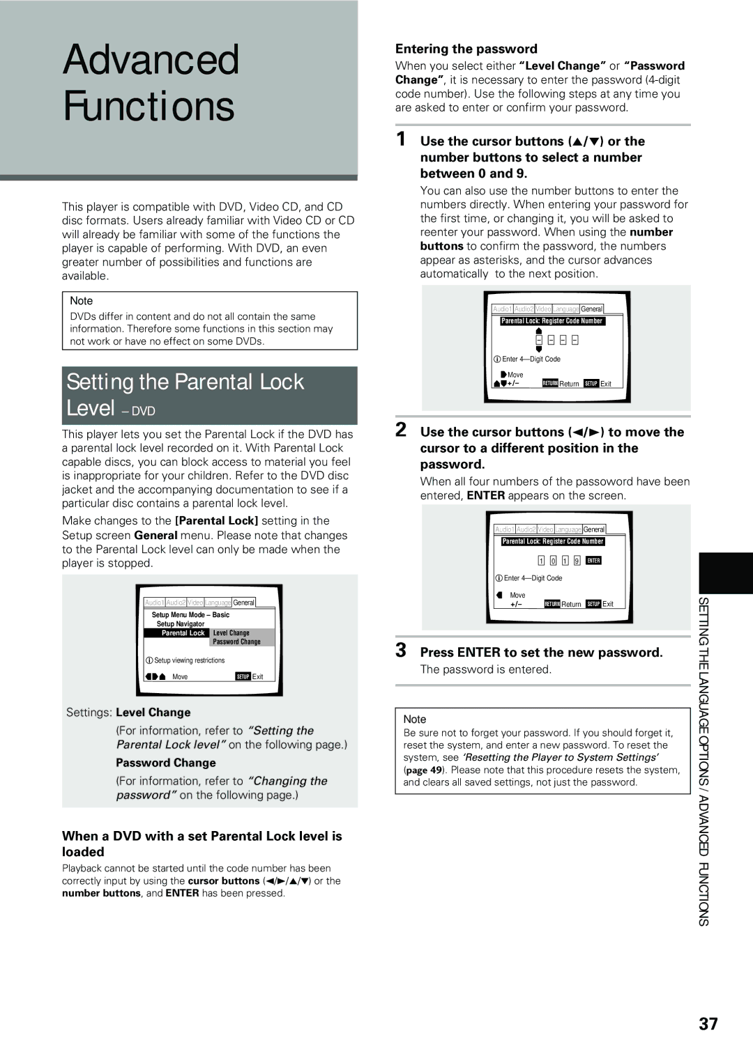 Pioneer DV-434 operating instructions Advanced Functions, Setting the Parental Lock Level DVD 