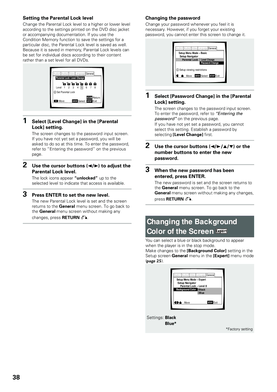 Pioneer DV-434 operating instructions Changing the Background Color of the Screen Expert 