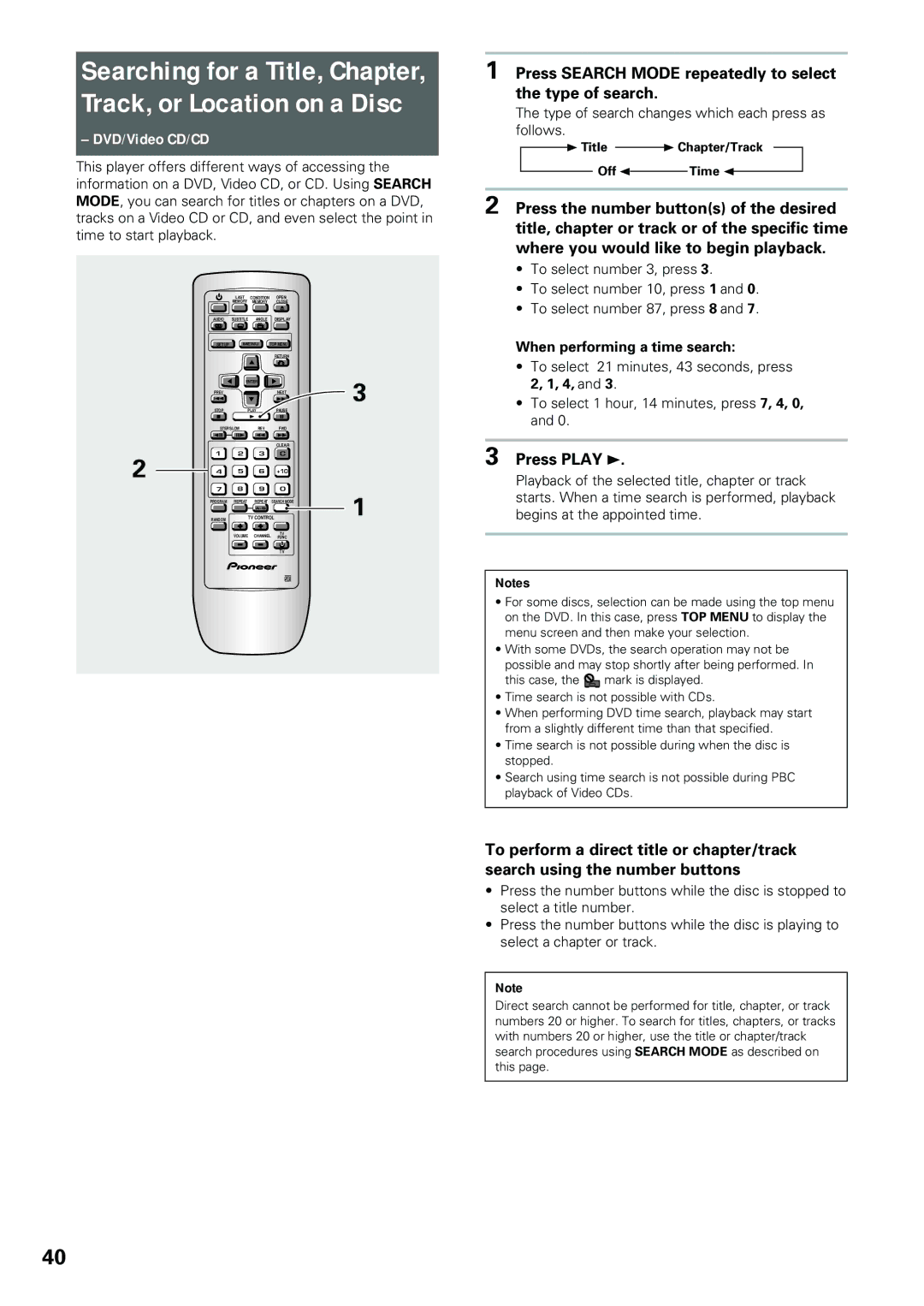 Pioneer DV-434 Press Search Mode repeatedly to select the type of search, When performing a time search 