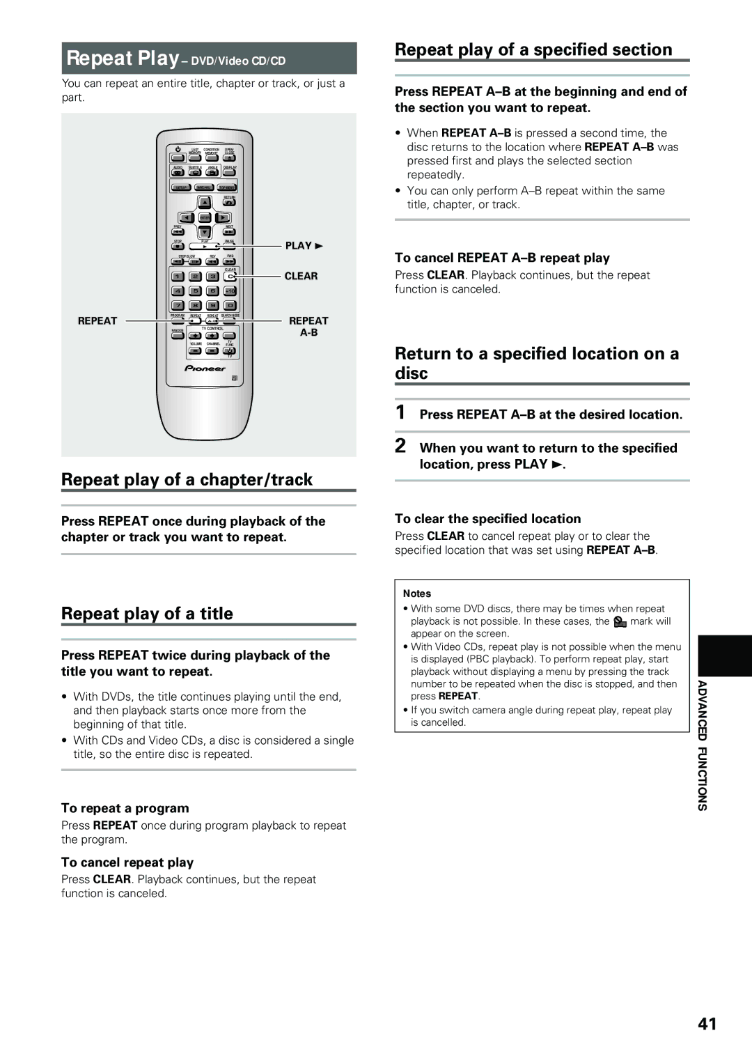 Pioneer DV-434 Repeat play of a chapter/track, Repeat play of a title, Repeat play of a specified section 