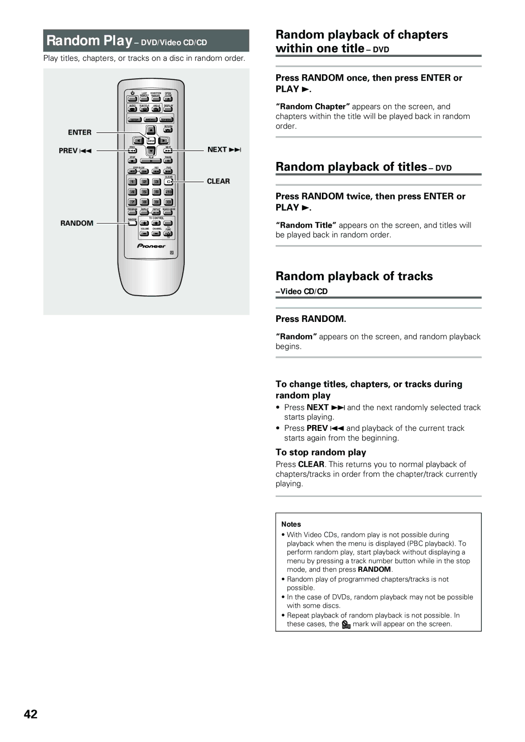 Pioneer DV-434 Random playback of chapters within one title DVD, Random playback of titles DVD, Random playback of tracks 