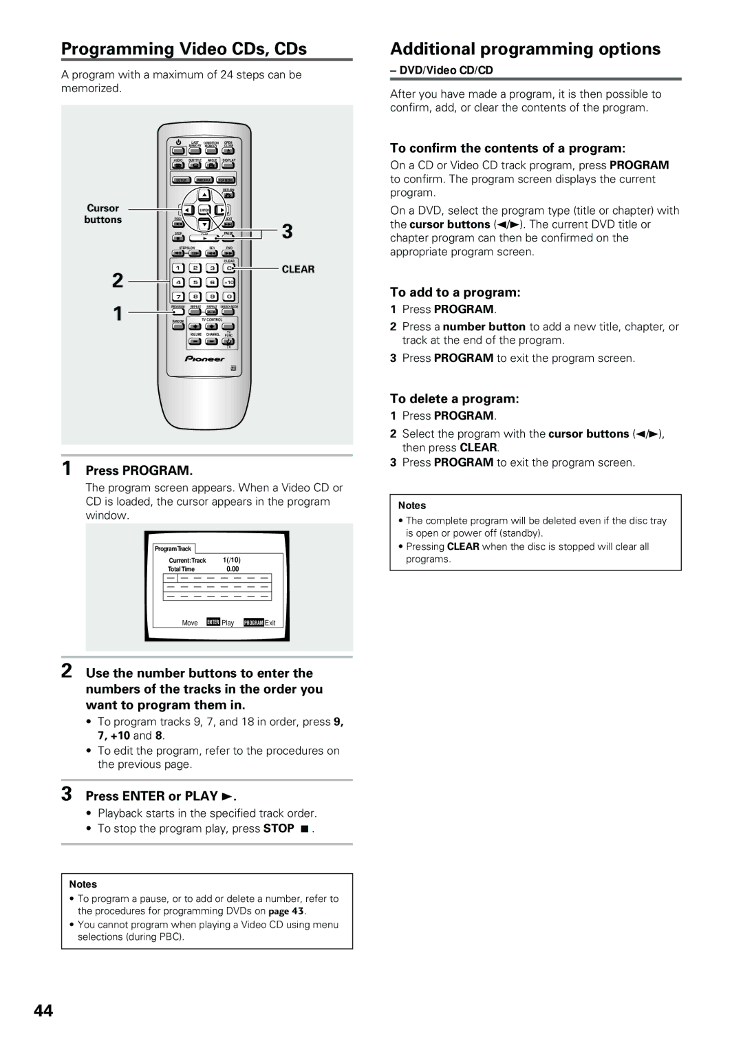 Pioneer DV-434 operating instructions Programming Video CDs, CDs, Additional programming options 