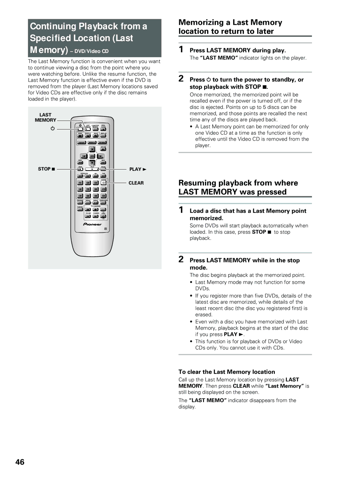 Pioneer DV-434 Memorizing a Last Memory location to return to later, Resuming playback from where Last Memory was pressed 