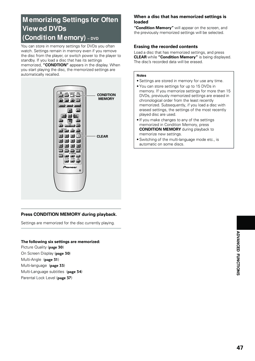 Pioneer DV-434 operating instructions When a disc that has memorized settings is loaded, Erasing the recorded contents 