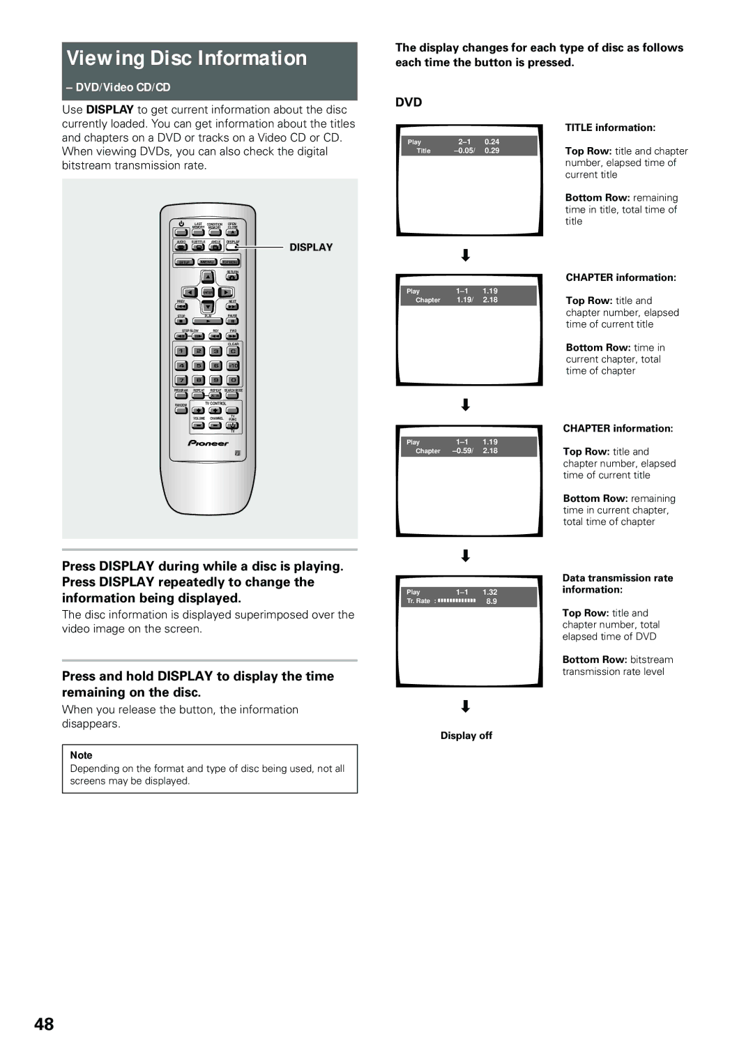 Pioneer DV-434 Viewing Disc Information, When you release the button, the information disappears, Display 