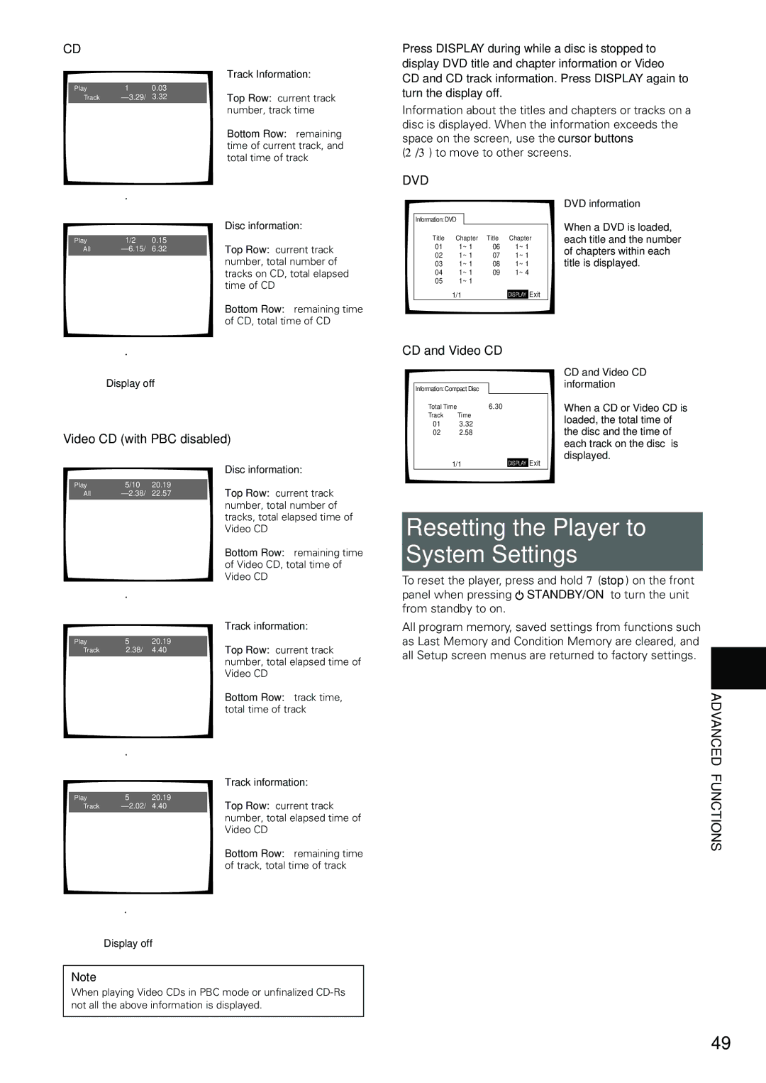 Pioneer DV-434 operating instructions Resetting the Player to System Settings, CD and Video CD, Video CD with PBC disabled 