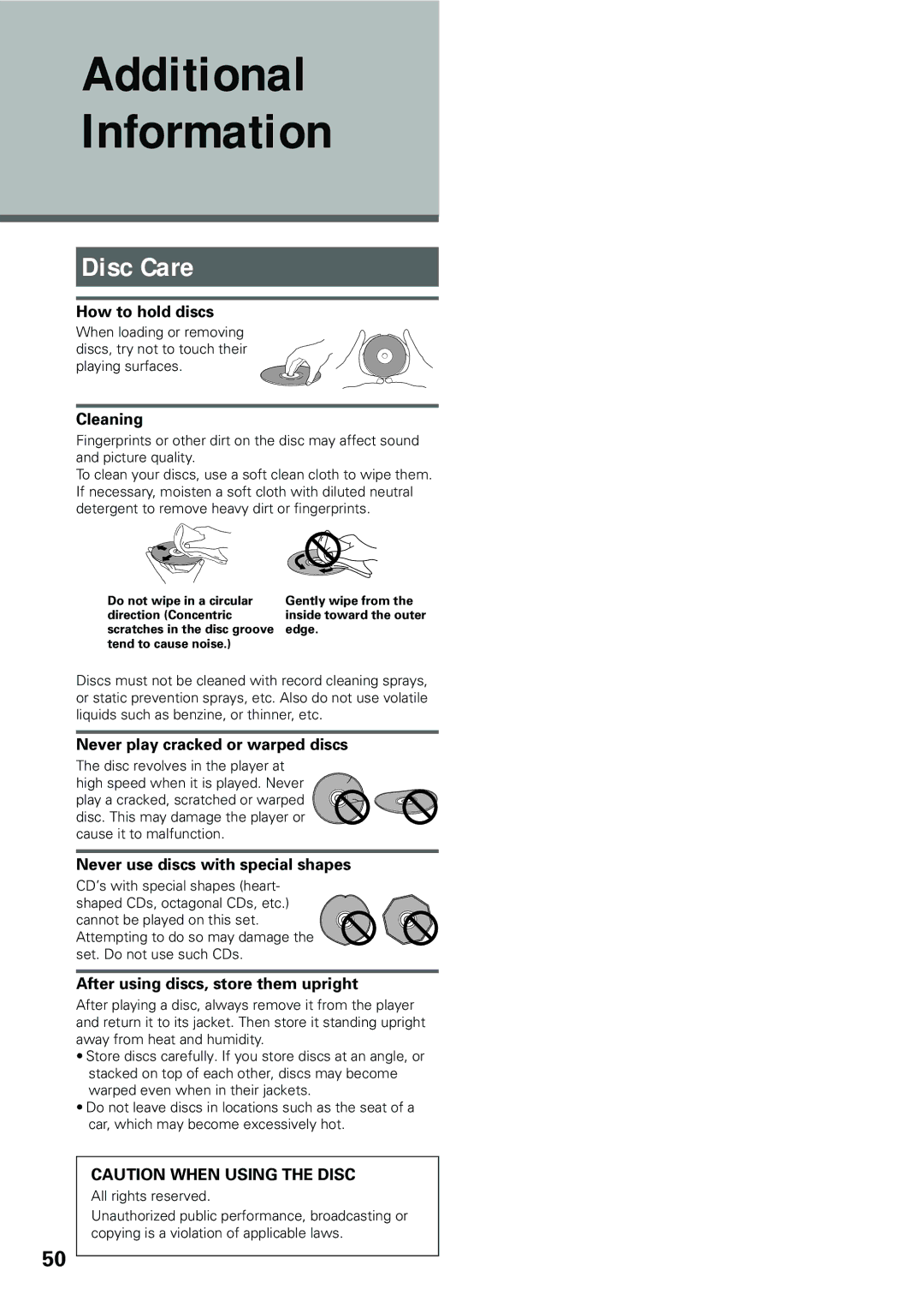 Pioneer DV-434 operating instructions Additional Information, Disc Care 