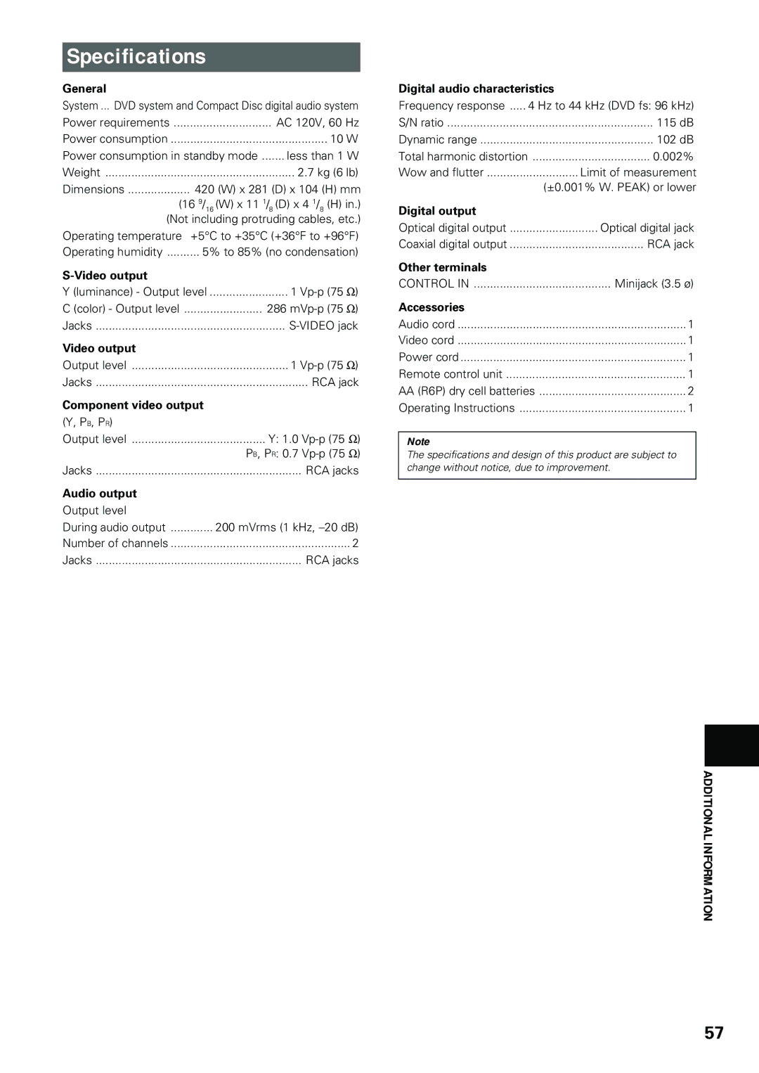 Pioneer DV-434 operating instructions Specifications, Additional Information 