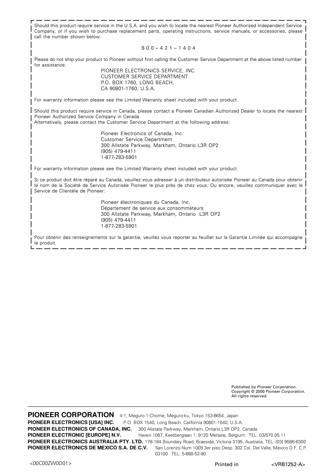 Pioneer DV-434 operating instructions 00C00ZW0D01 Printed 