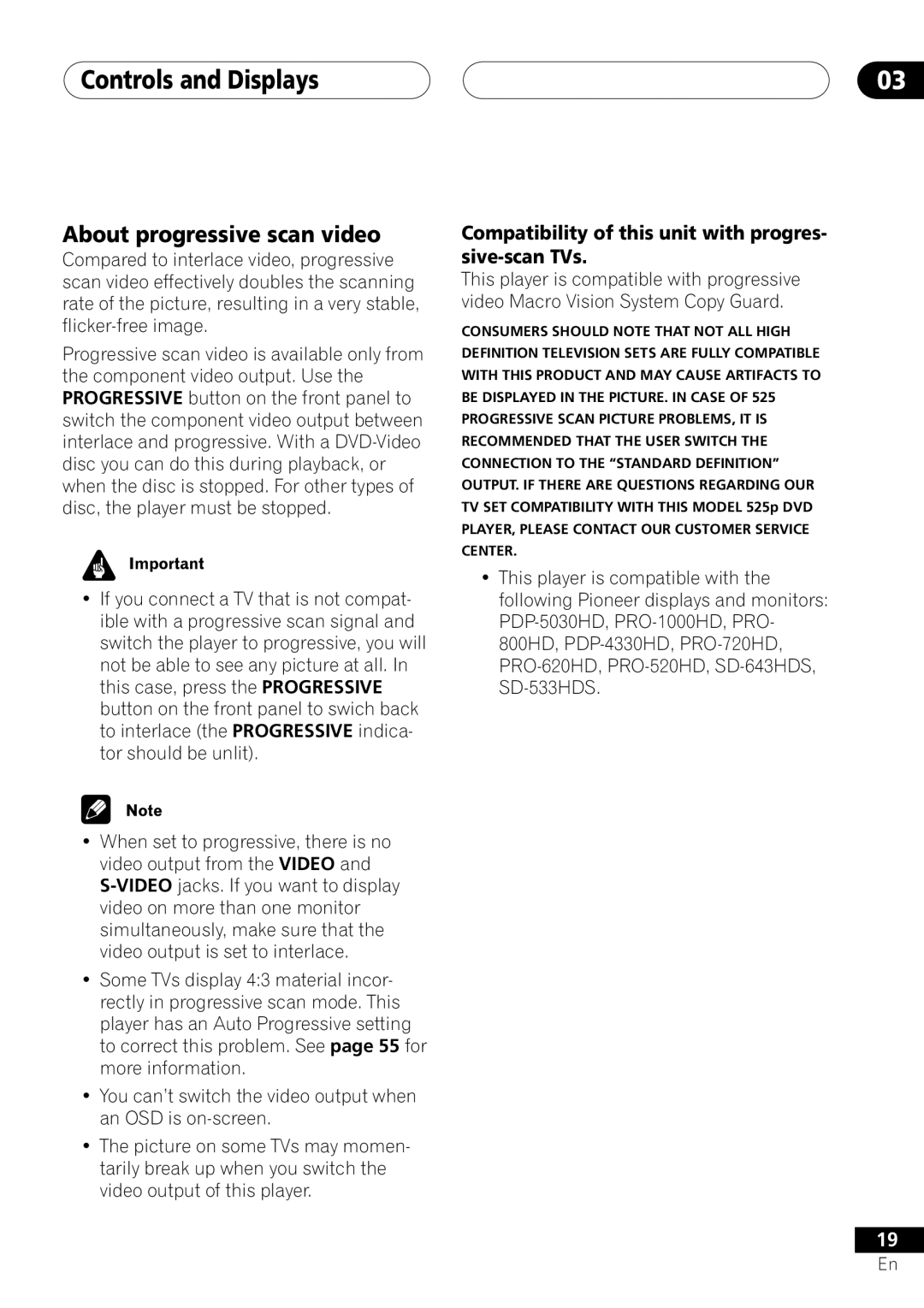 Pioneer DV-45A operating instructions Controls and Displays, About progressive scan video 