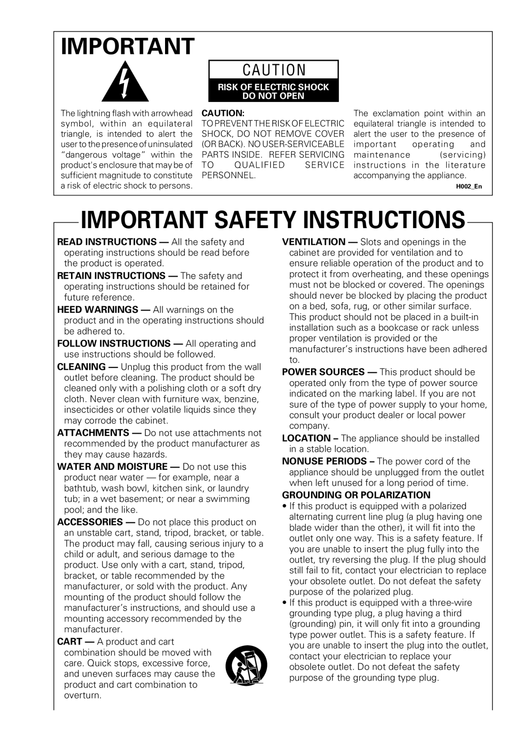 Pioneer DV-45A operating instructions Important Safety Instructions 