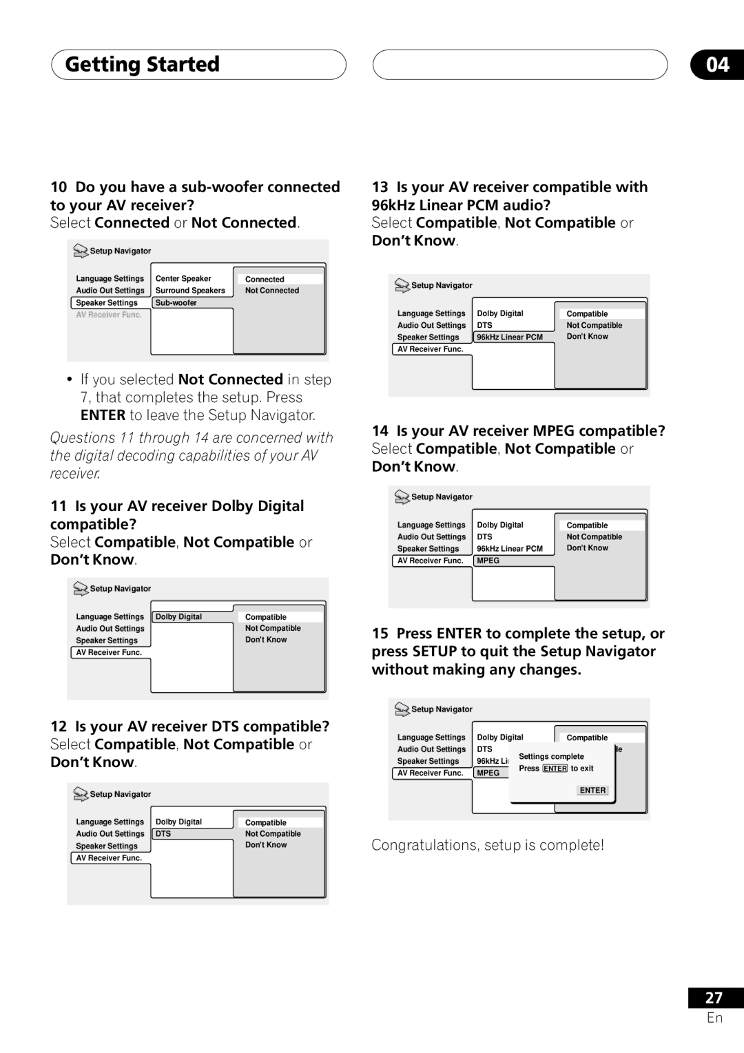 Pioneer DV-45A operating instructions Congratulations, setup is complete 