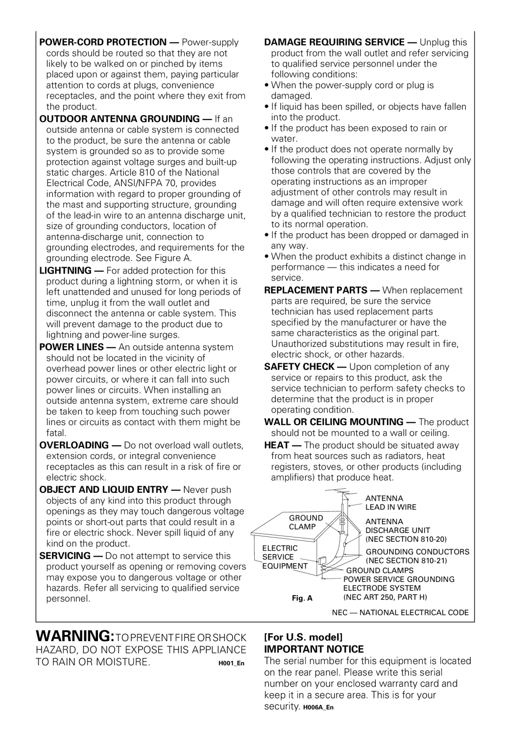 Pioneer DV-45A operating instructions For U.S. model, Important Notice 