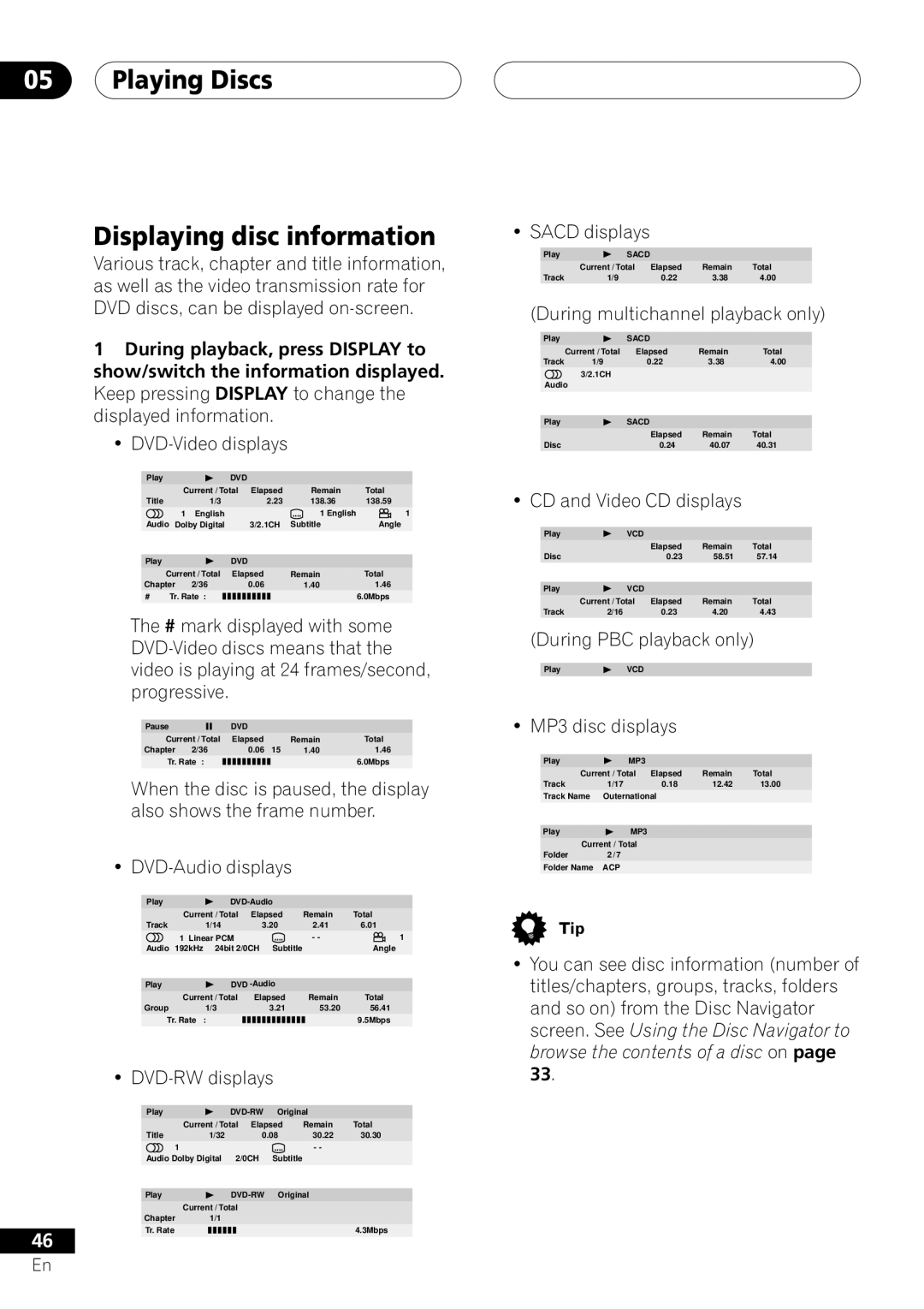 Pioneer DV-45A operating instructions Playing Discs Displaying disc information, During PBC playback only 