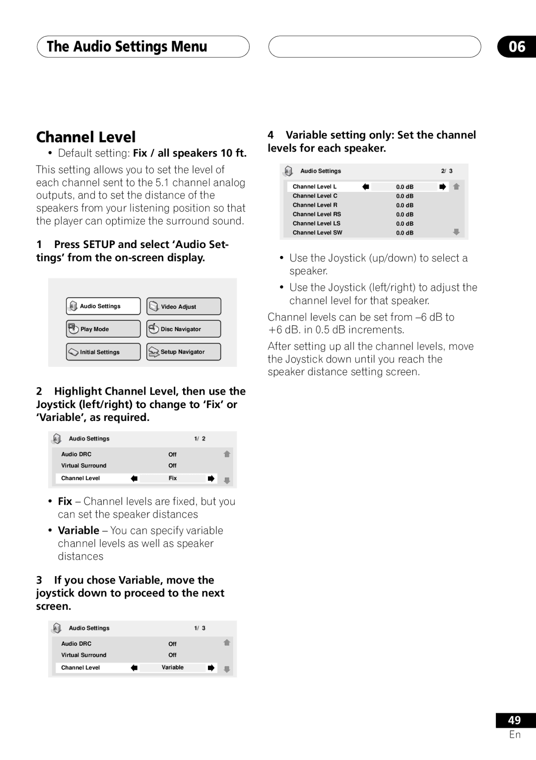 Pioneer DV-45A operating instructions Audio Settings Menu Channel Level, Default setting Fix / all speakers 10 ft 