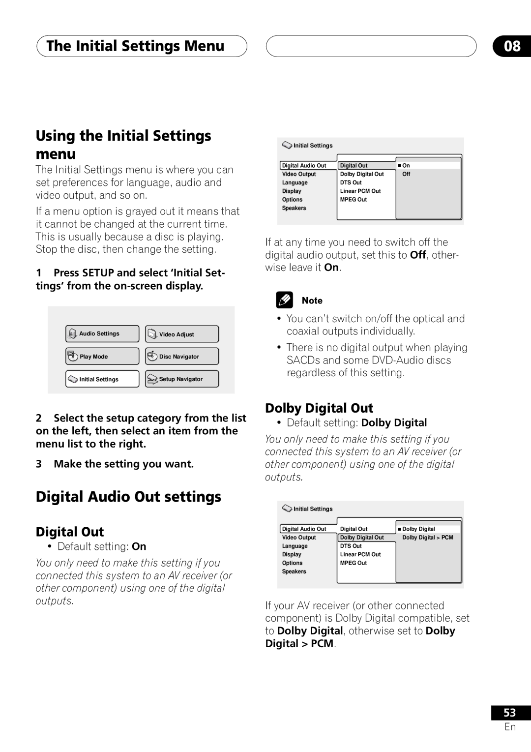 Pioneer DV-45A Initial Settings Menu Using the Initial Settings menu, Digital Audio Out settings, Digital Out 