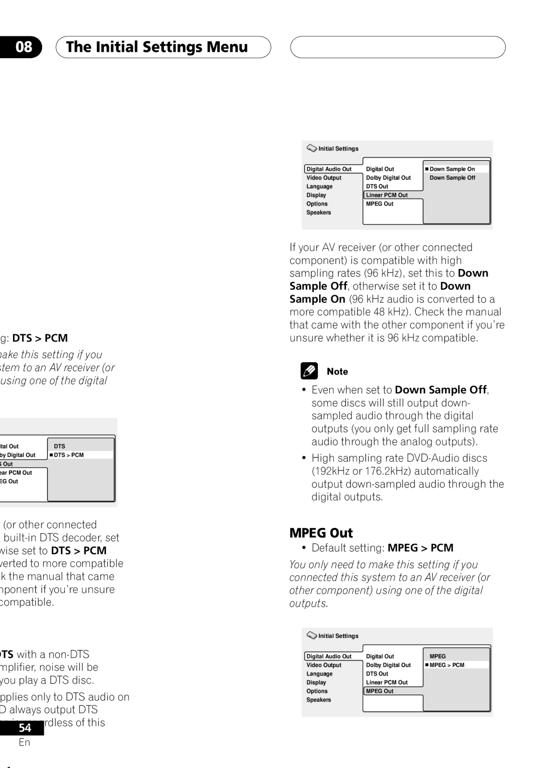 Pioneer DV-45A operating instructions Initial Settings Menu, Mpeg Out, Dts Pcm, Default setting Mpeg PCM 